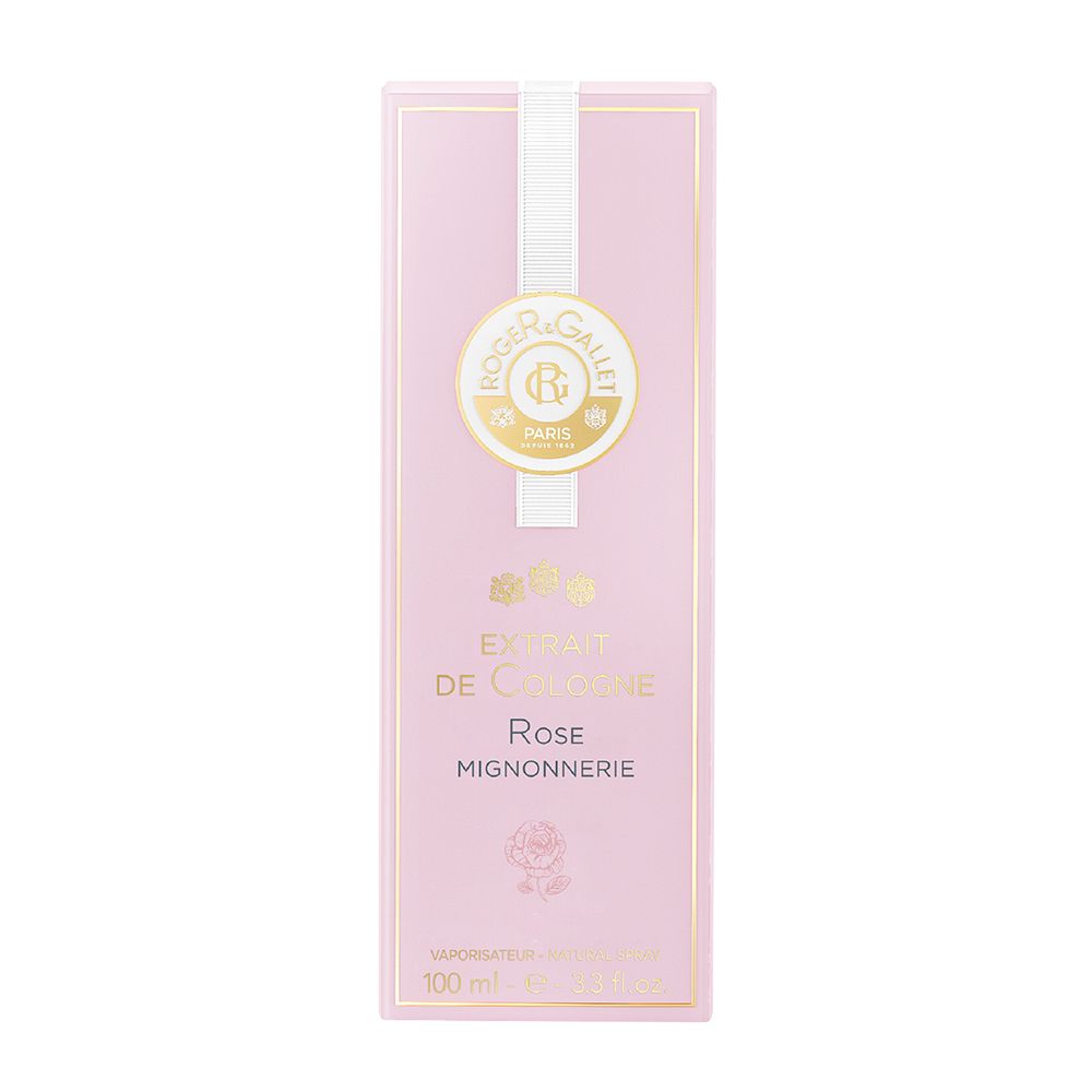 Estratto di Colonia Rose Mignonnerie, confezione in cartone rosa con nastro bianco e logo.