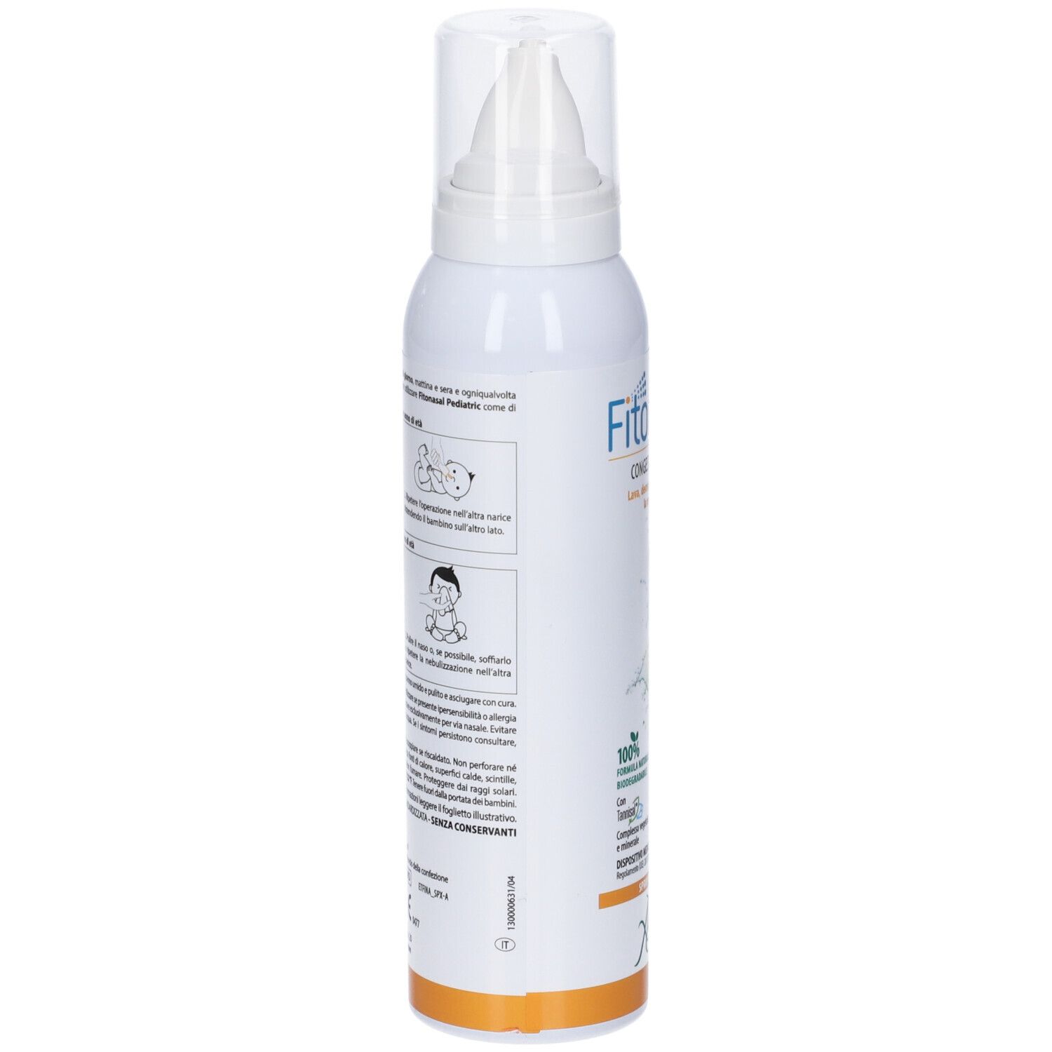 Spray bianco, vista laterale. Testo e illustrazioni. Logo Aboca. Striscia arancione in basso.