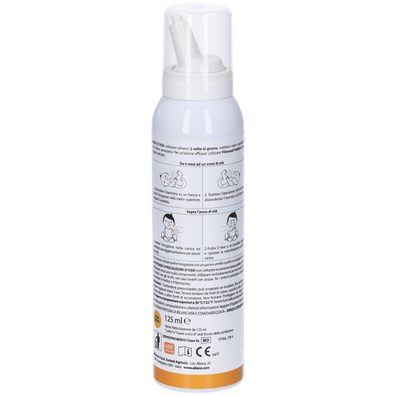 Spray bianco, vista posteriore. Testo e illustrazioni. 125 ml. Logo Aboca. Striscia arancione.