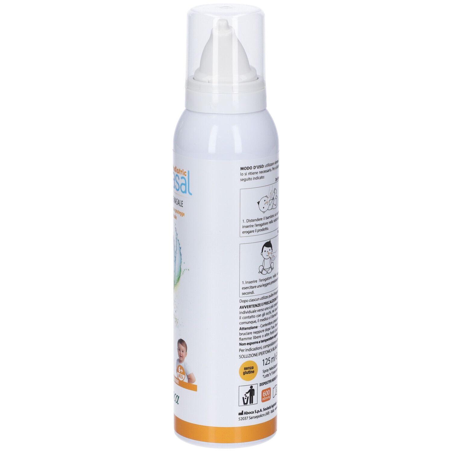 Spray bianco, vista laterale. Testo e illustrazioni. Logo Aboca. Striscia arancione in basso.