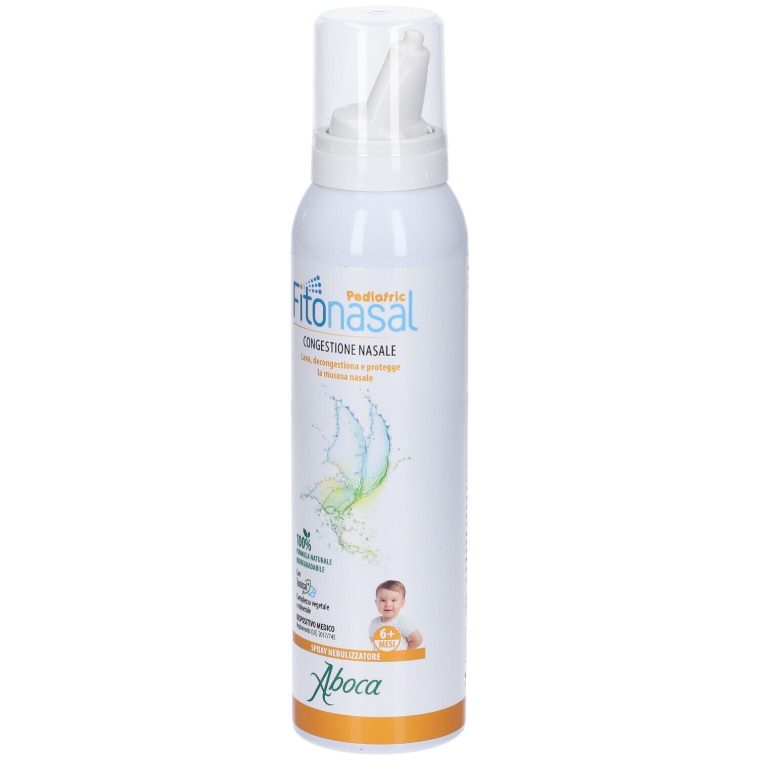 Spray bianco con erogatore. Scritta: Fitonasal Pediatric. Logo Aboca. Illustrazione bambino.
