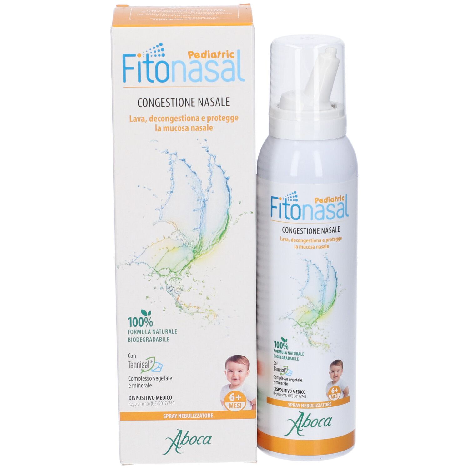 Spray e confezione. Scritta: Fitonasal Pediatric. Logo Aboca. Illustrazione bambino. 6+ mesi.