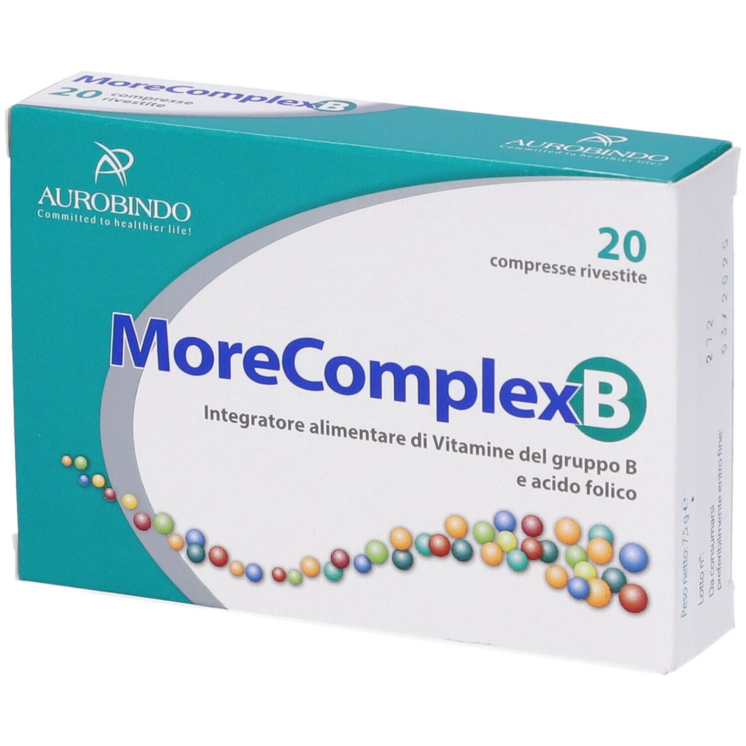Confezione "MoreComplex B 20 Compresse". Verde e bianca, nome del prodotto, logo e 20 compresse.