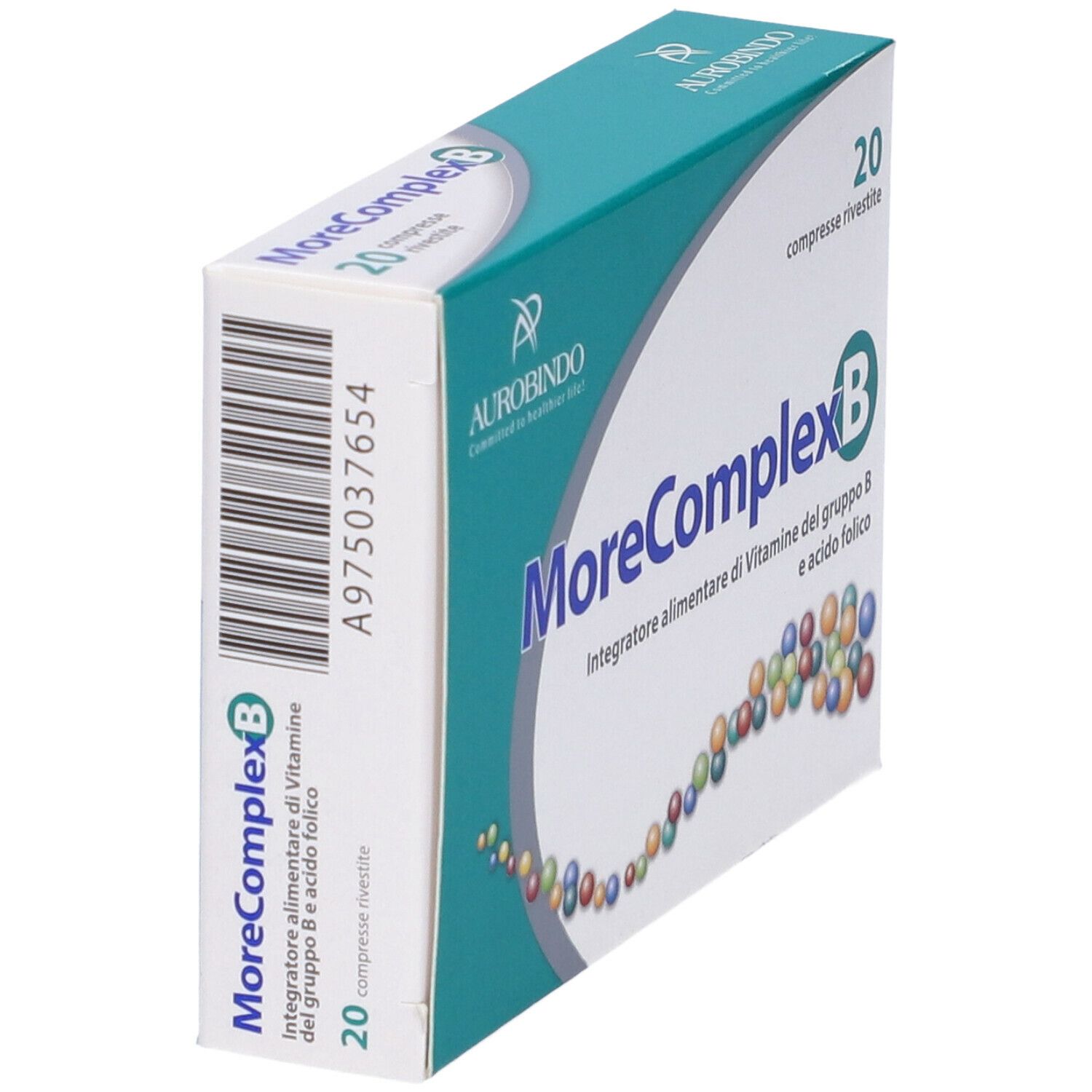 Scatola inclinata "MoreComplex B 20 Compresse". Verde e bianca, nome del prodotto e logo.