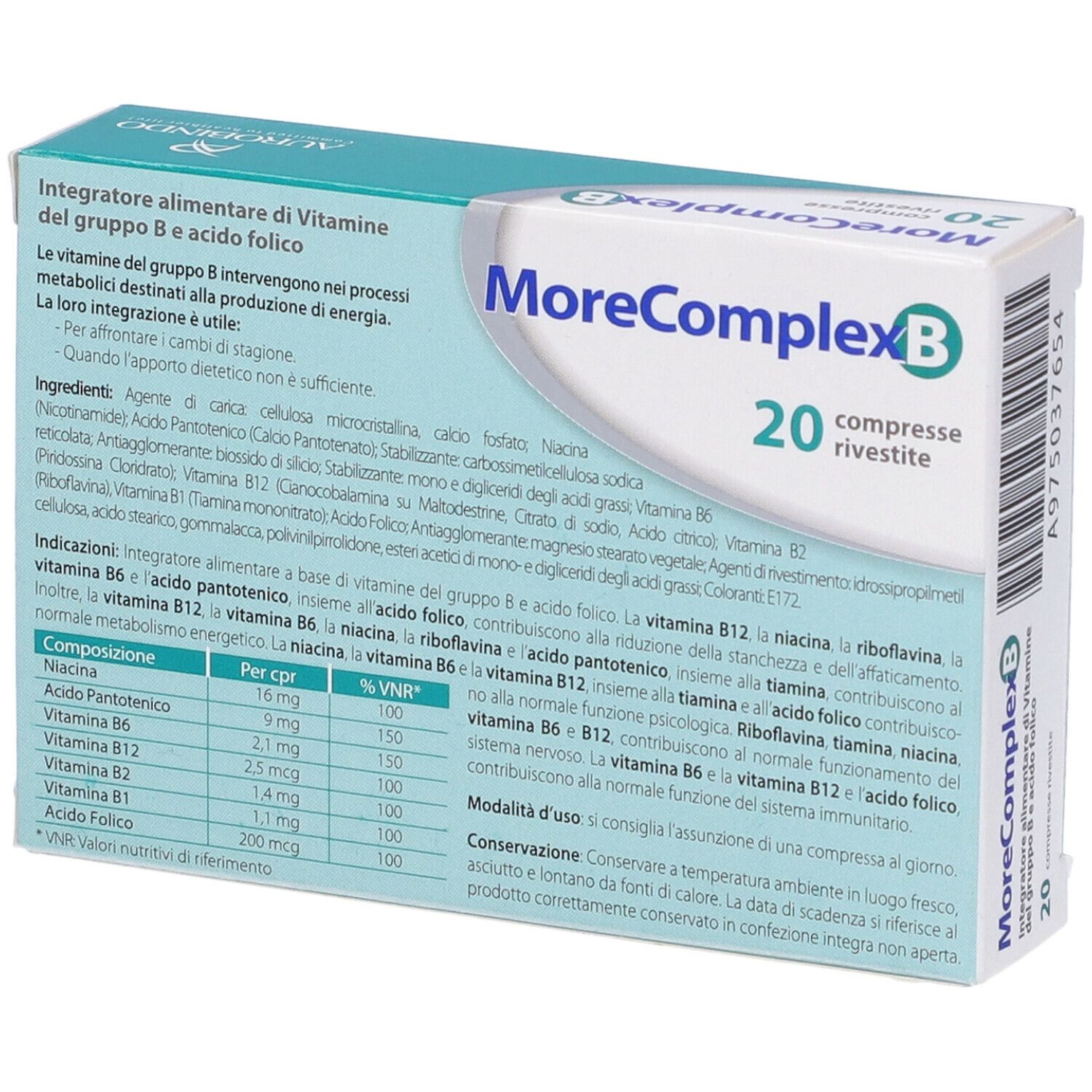 Retro della confezione "MoreComplex B 20 Compresse". Informazioni testuali, ingredienti e valori nutrizionali.