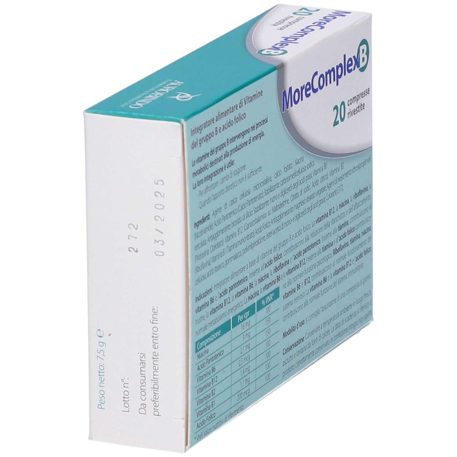 Vista laterale della confezione "MoreComplex B 20 Compresse". Testo, peso 75g, data di scadenza.