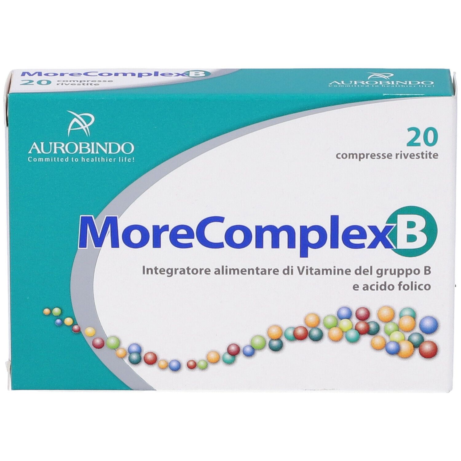 Confezione "MoreComplex B 20 Compresse". Verde e bianca, nome del prodotto, logo e 20 compresse.
