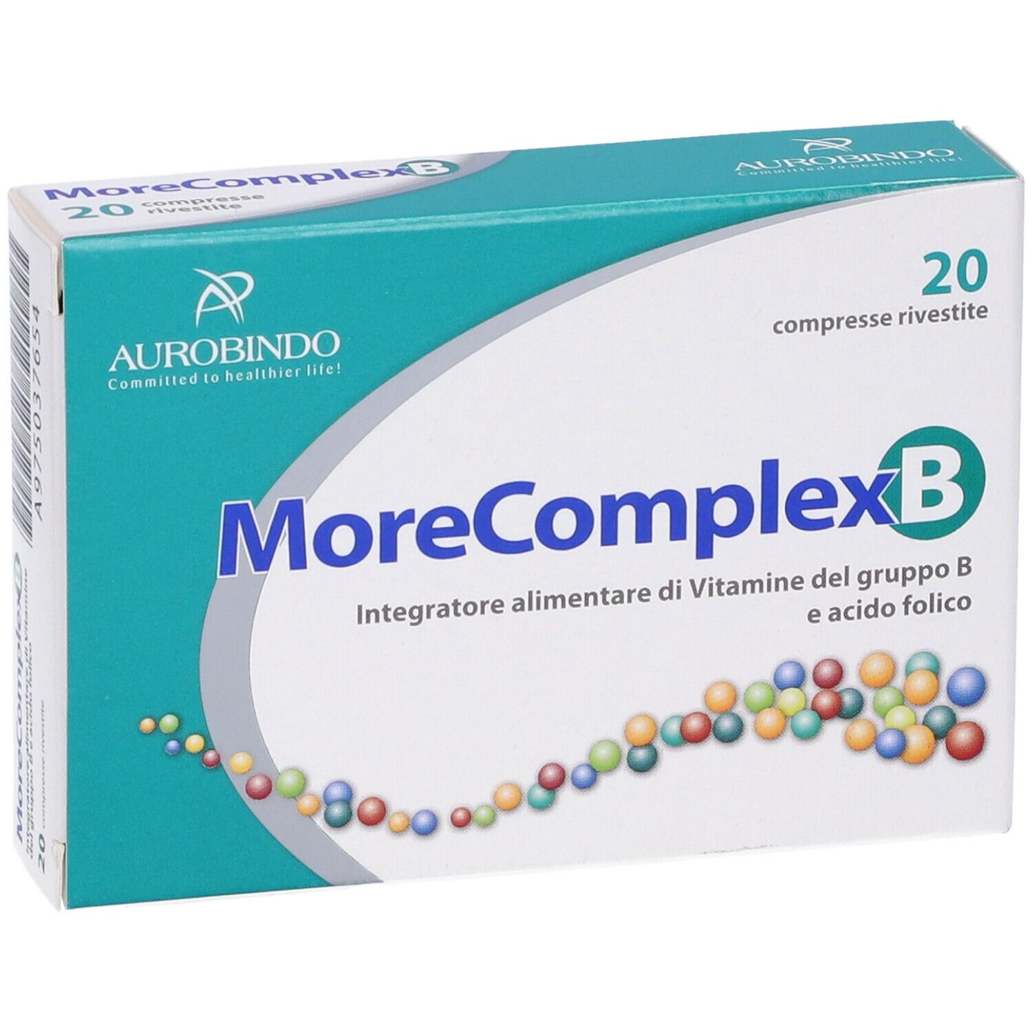 Confezione "MoreComplex B 20 Compresse". Verde e bianca, nome del prodotto, logo e 20 compresse.