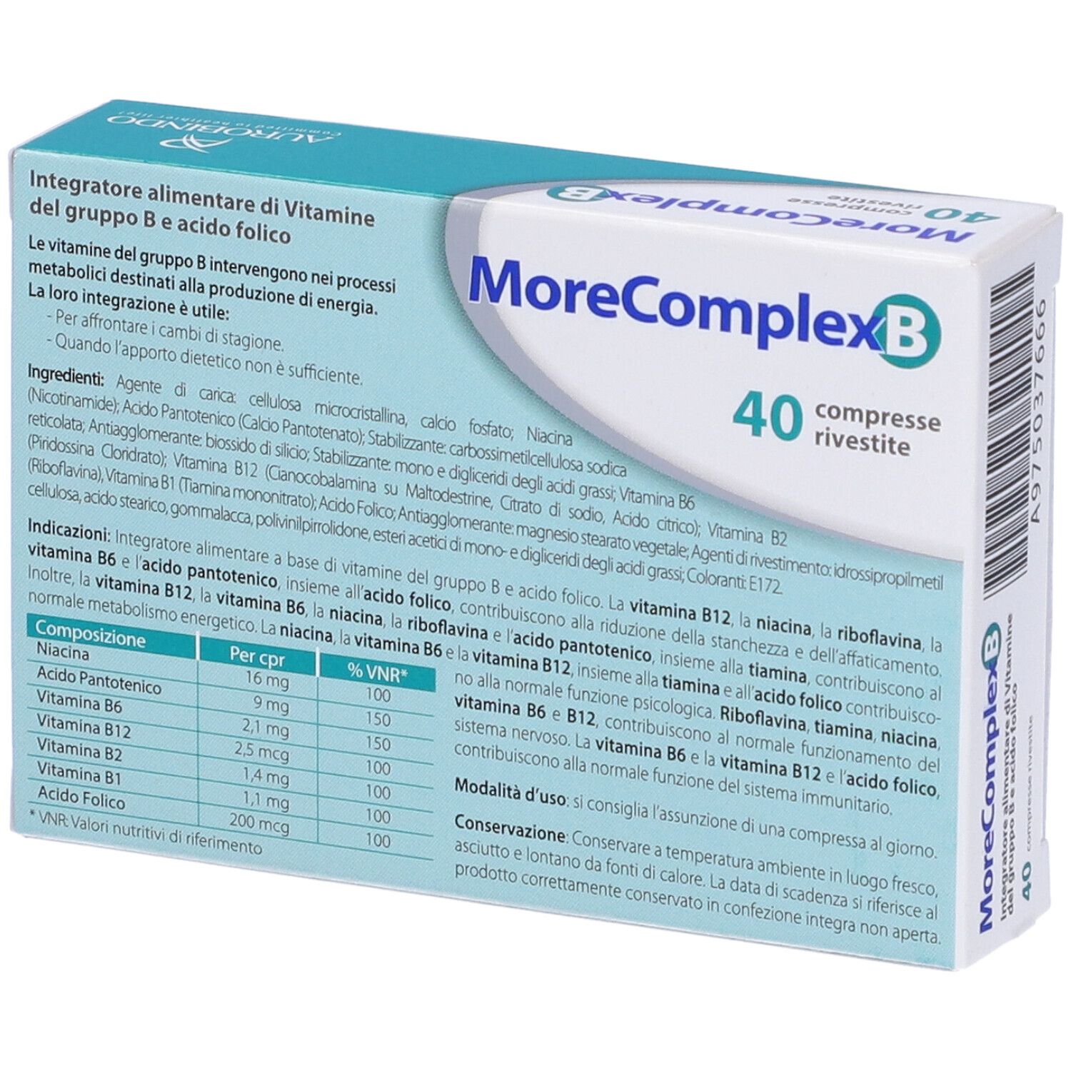 Scatola 'MoreComplex B' con 40 compresse. Testo con ingredienti e informazioni nutrizionali. Aurobindo.