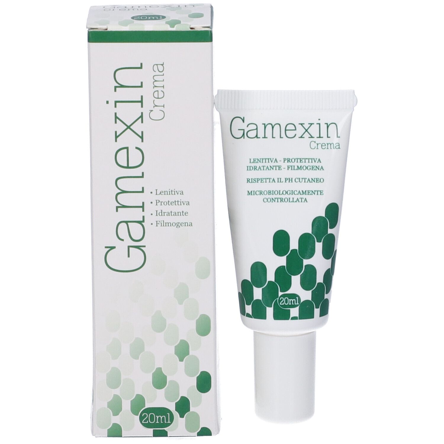 Confezione del prodotto con tubo. Tubo e scatola Gamexin Crema. Testo: Leniiva, protettiva, idratante, filmogena. 20ml.