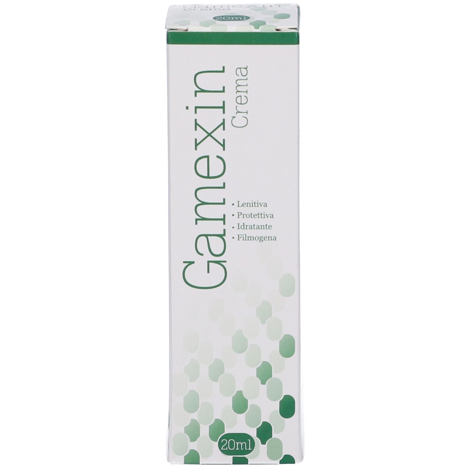 Scatola con Gamexin Crema. Testo: Gamexin Crema, Leniiva, protettiva, idratante, filmogena. 20ml.