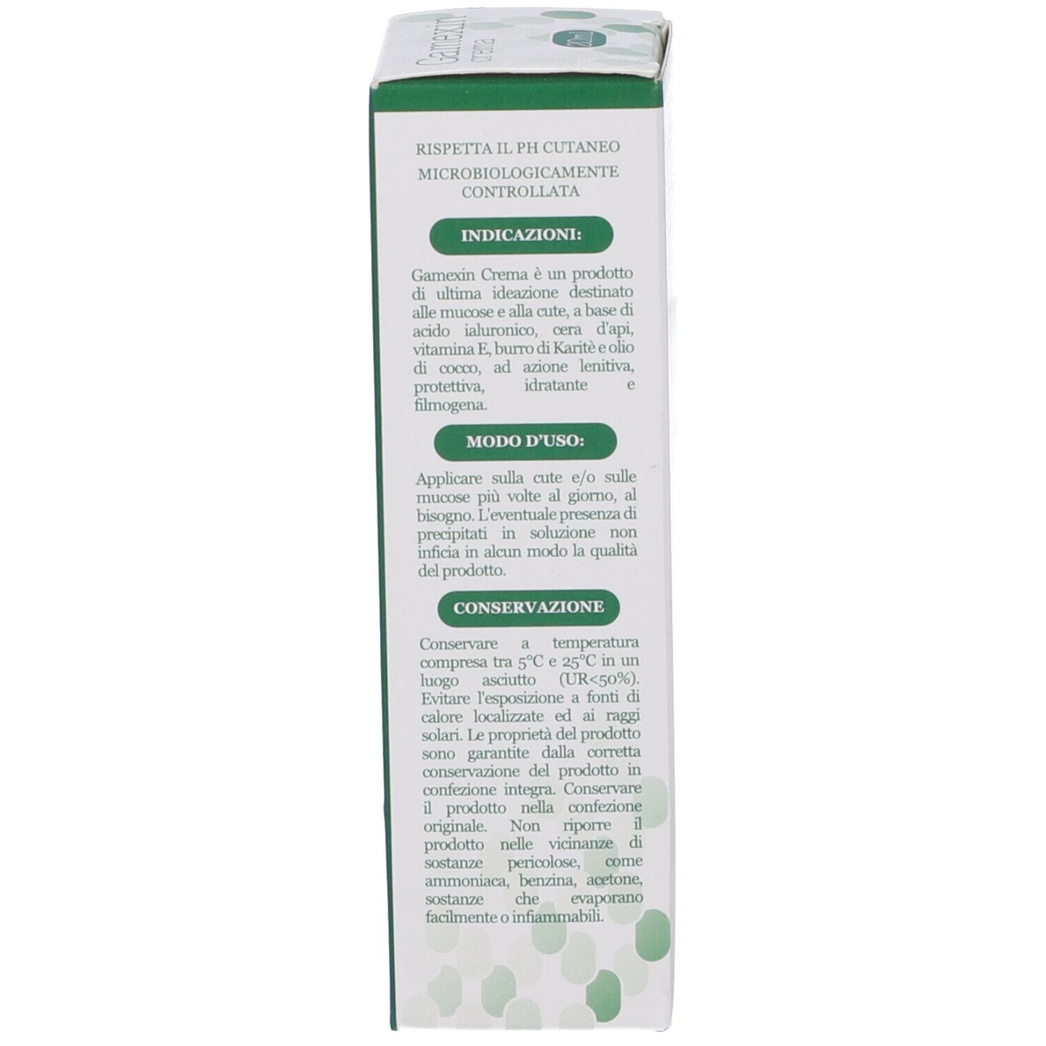 Retro della scatola. Testo: Gamexin Crema, uso, avvertenze, ingredienti. Informazioni produttore.
