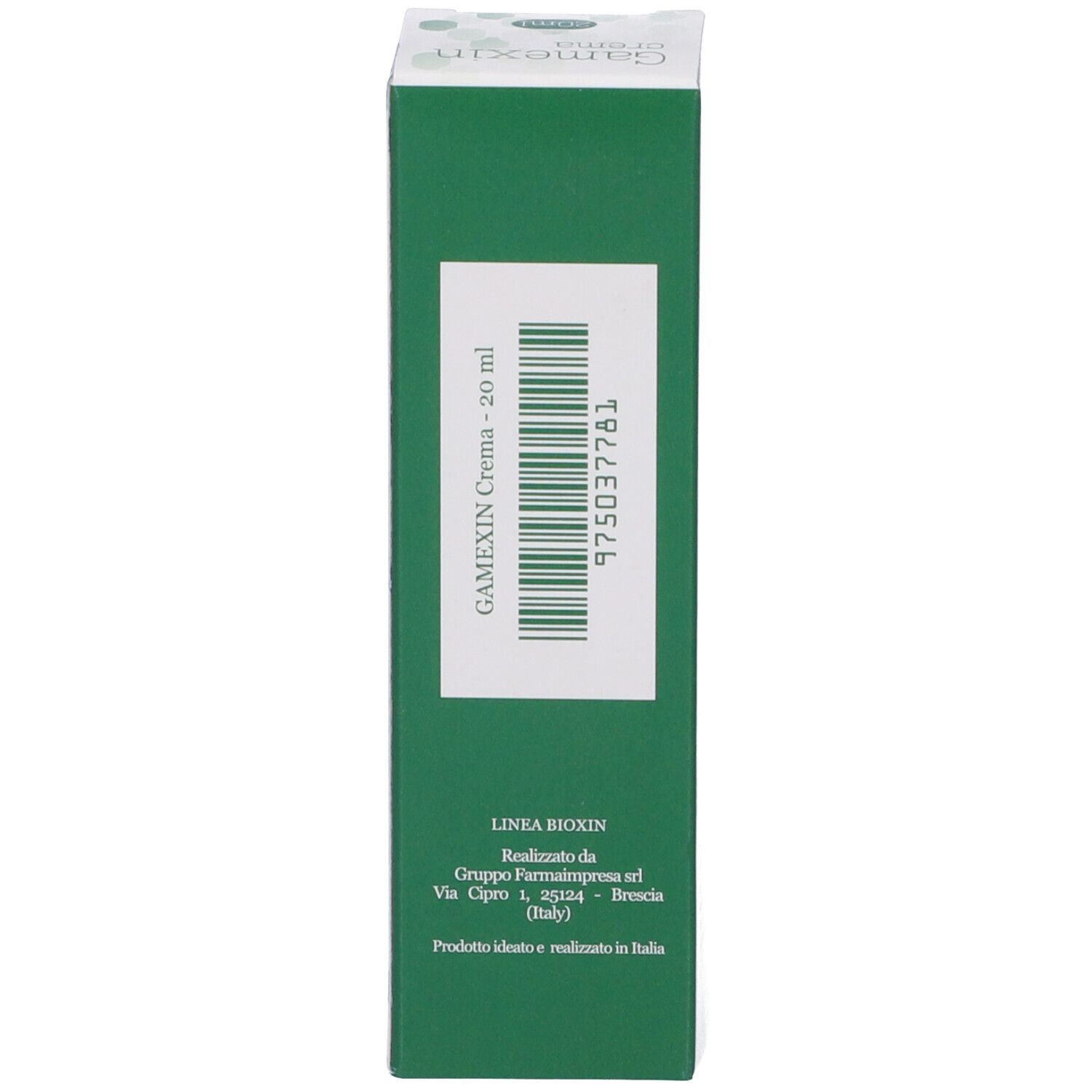 Vista laterale della scatola. Testo: Gamexin Crema, 20 ml, numero di lotto, informazioni produttore.