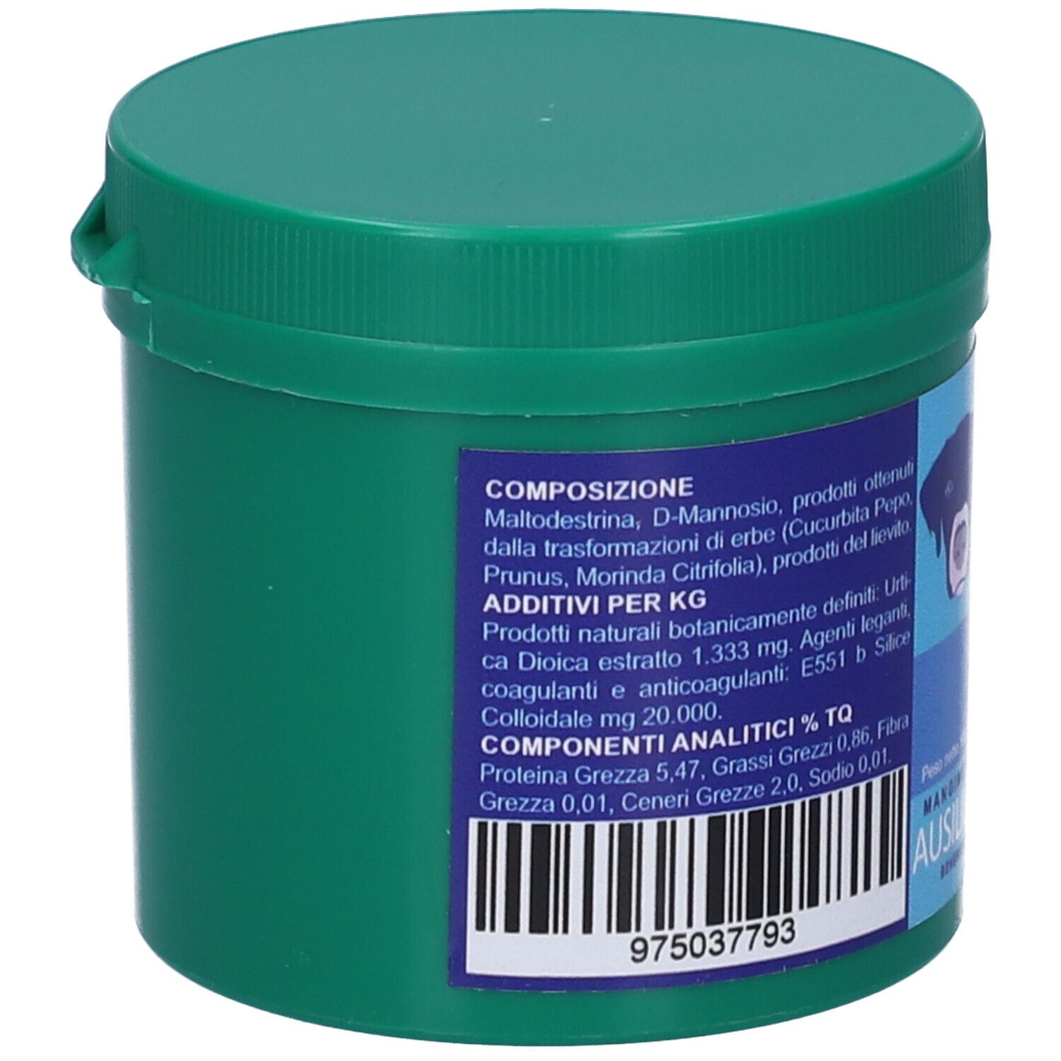 Contenitore verde con coperchio. Etichetta con ingredienti e analisi. Codice a barre e testo: 975037793.