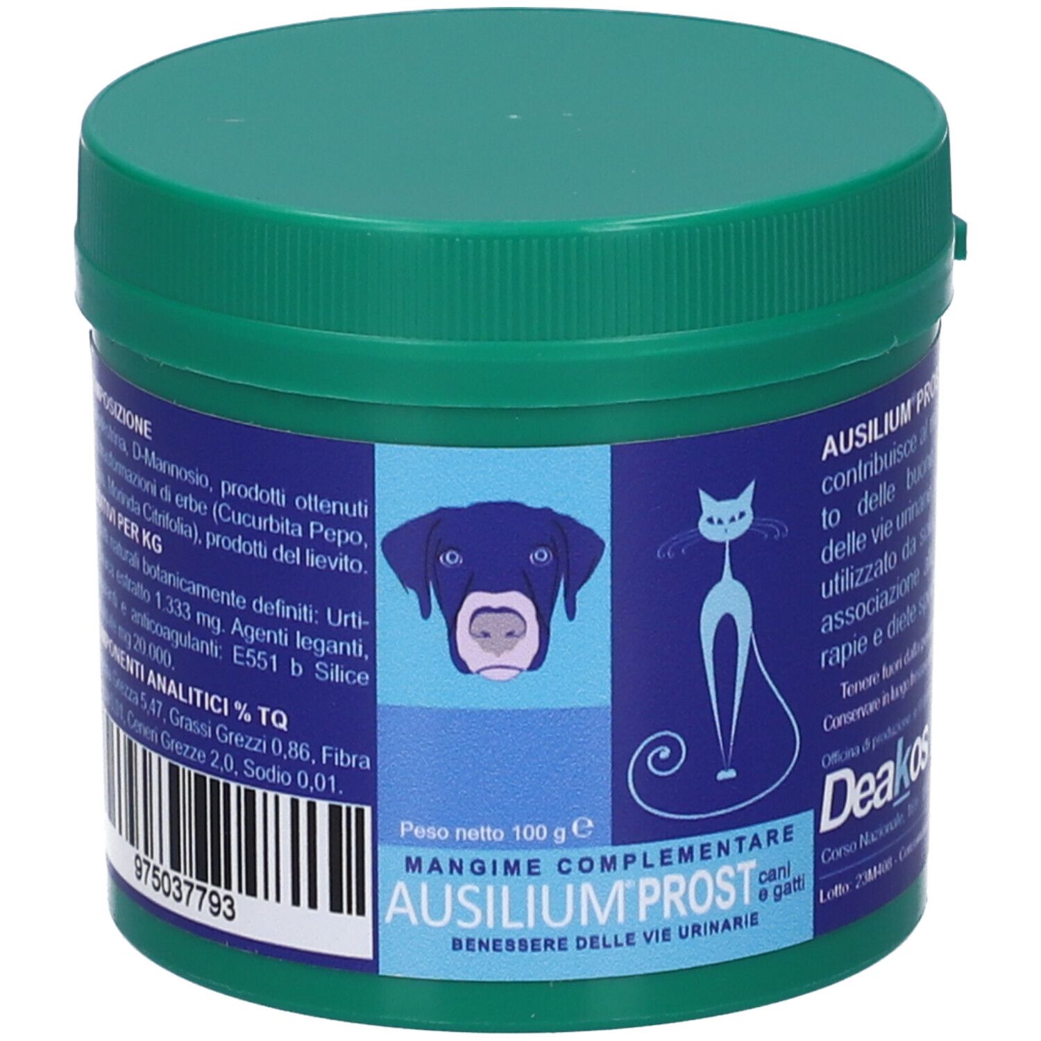 Contenitore verde con coperchio. Etichetta con informazioni sul prodotto, grafica cane e gatto. Testo: AUSILIUM PROST cani e gatti.