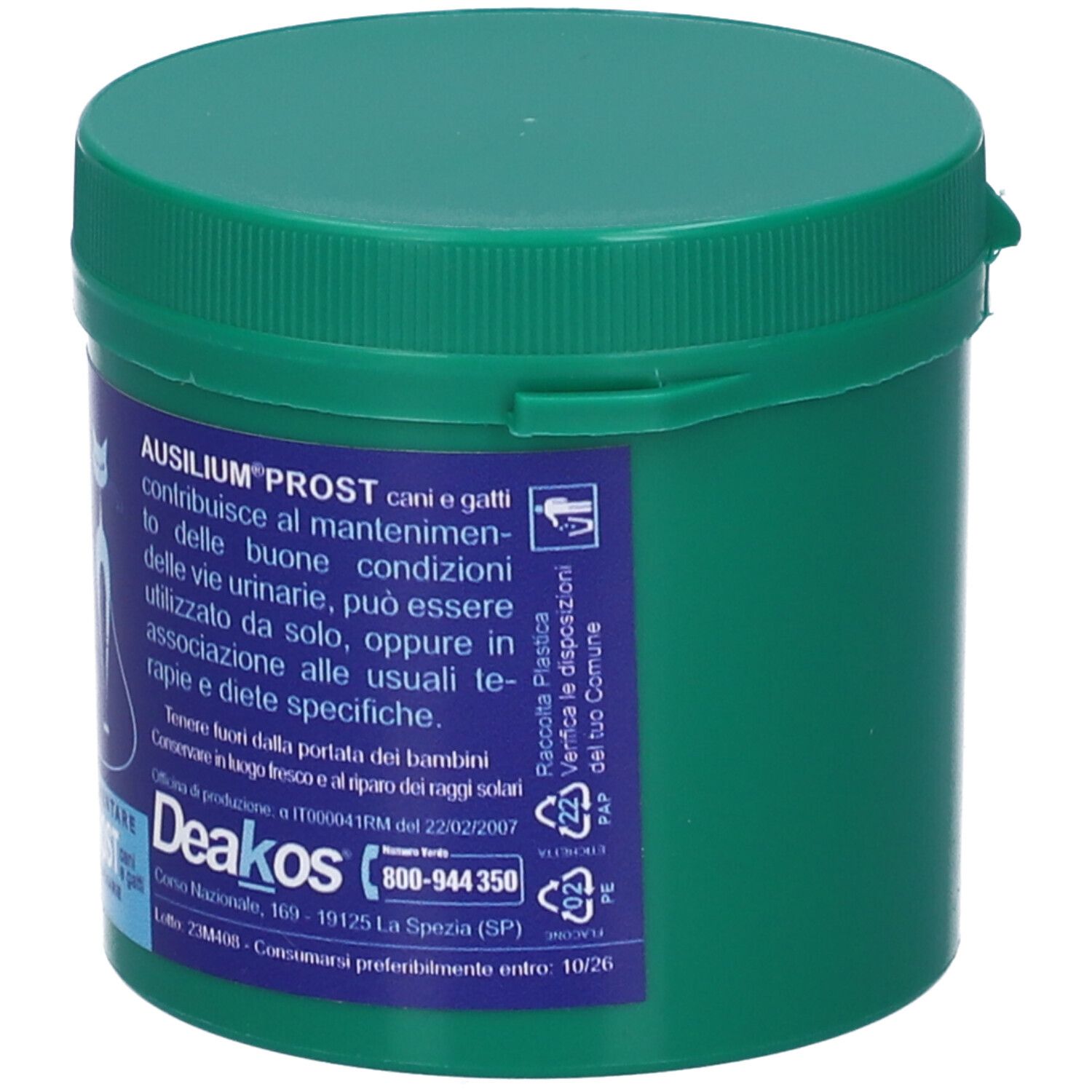Contenitore verde con coperchio. Etichetta con informazioni sul prodotto, testo: AUSILIUM PROST cani e gatti. Logo Deakos.
