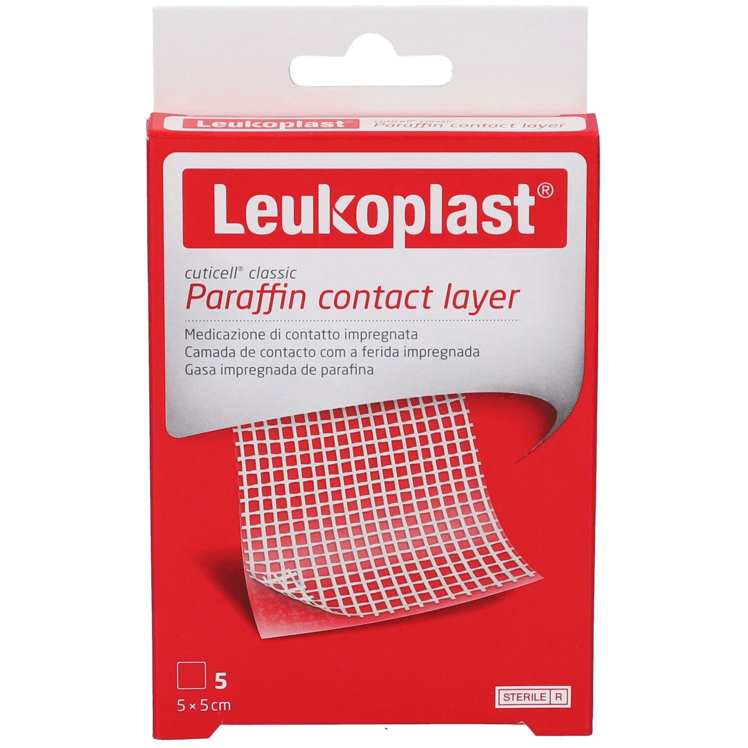 Confezione Cuticell Classic Garza. Scatola rossa con nome prodotto e dimensioni 5x5cm. Garza a griglia visibile.