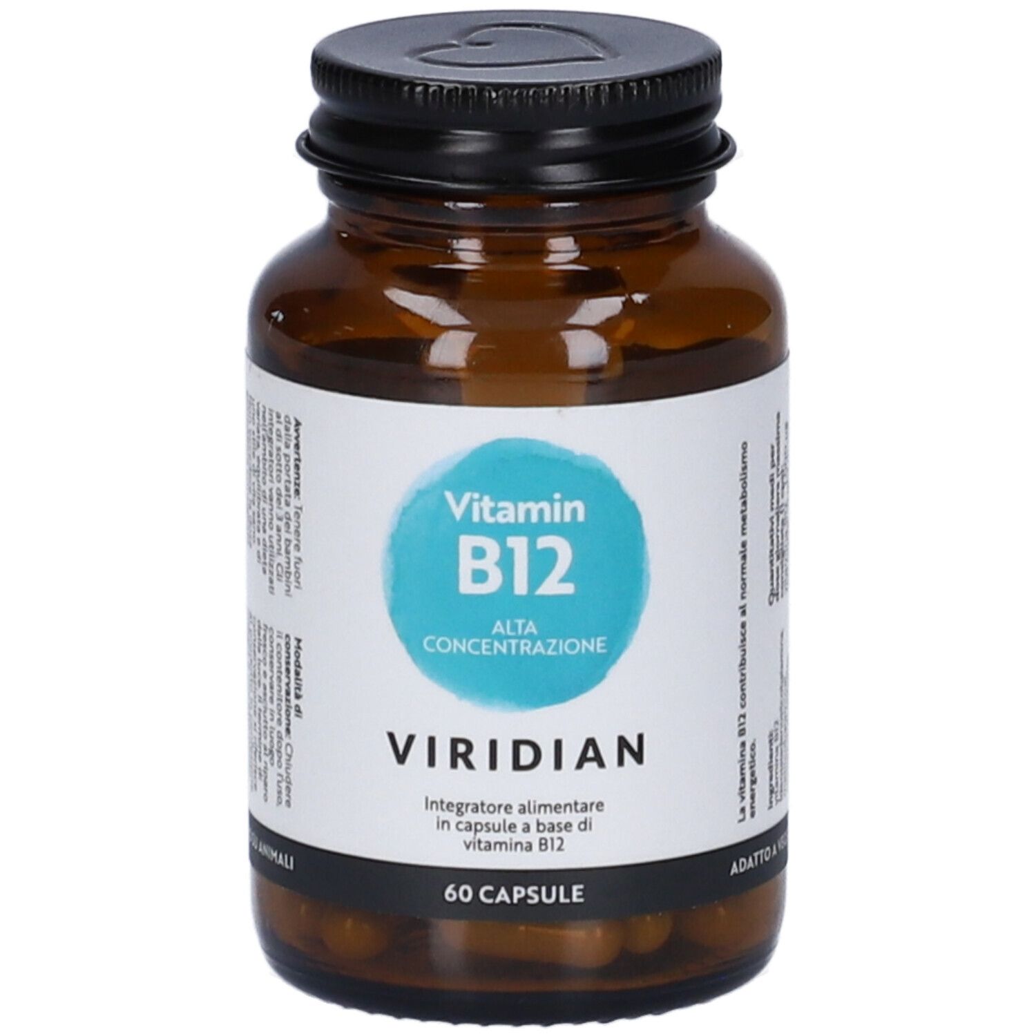 Flacone di vetro marrone con capsule di vitamina B12. Etichetta "Vitamin B12 Alta Concentrazione" e "Viridian". 60 capsule.