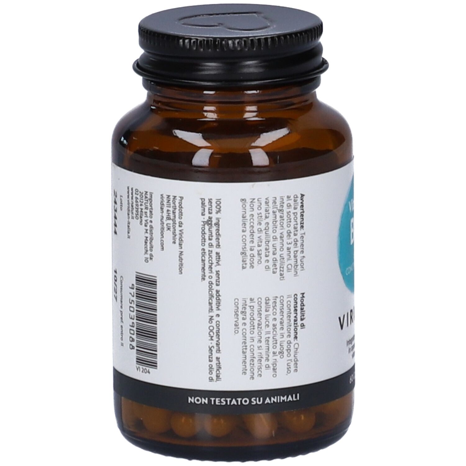 Flacone di vetro marrone con capsule di vitamina B12. Retro dell'etichetta con testo e ingredienti. "Non testato su animali".