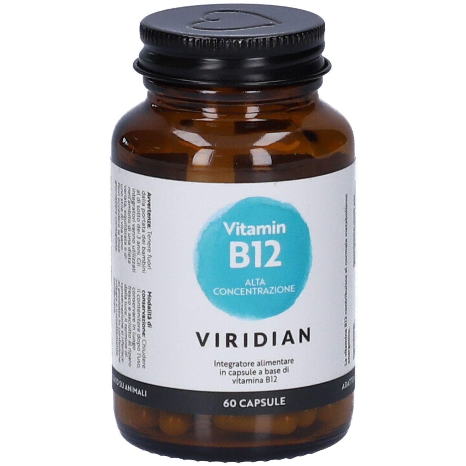 Flacone di vetro marrone con capsule di vitamina B12. Etichetta "Vitamin B12 Alta Concentrazione" e "Viridian". 60 capsule.