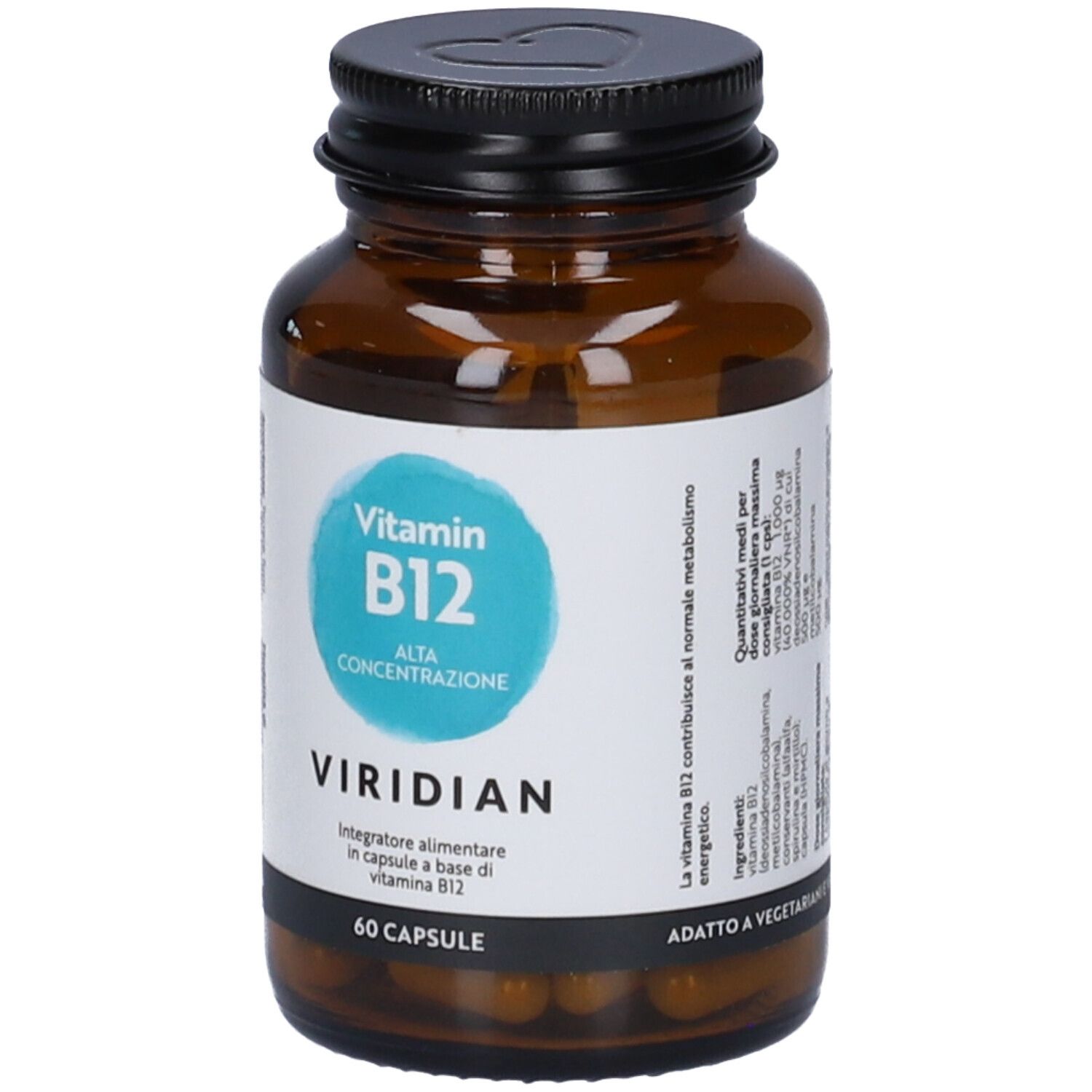Flacone di vetro marrone con capsule di vitamina B12. Etichetta "Vitamin B12 Alta Concentrazione" e "Viridian". 60 capsule.
