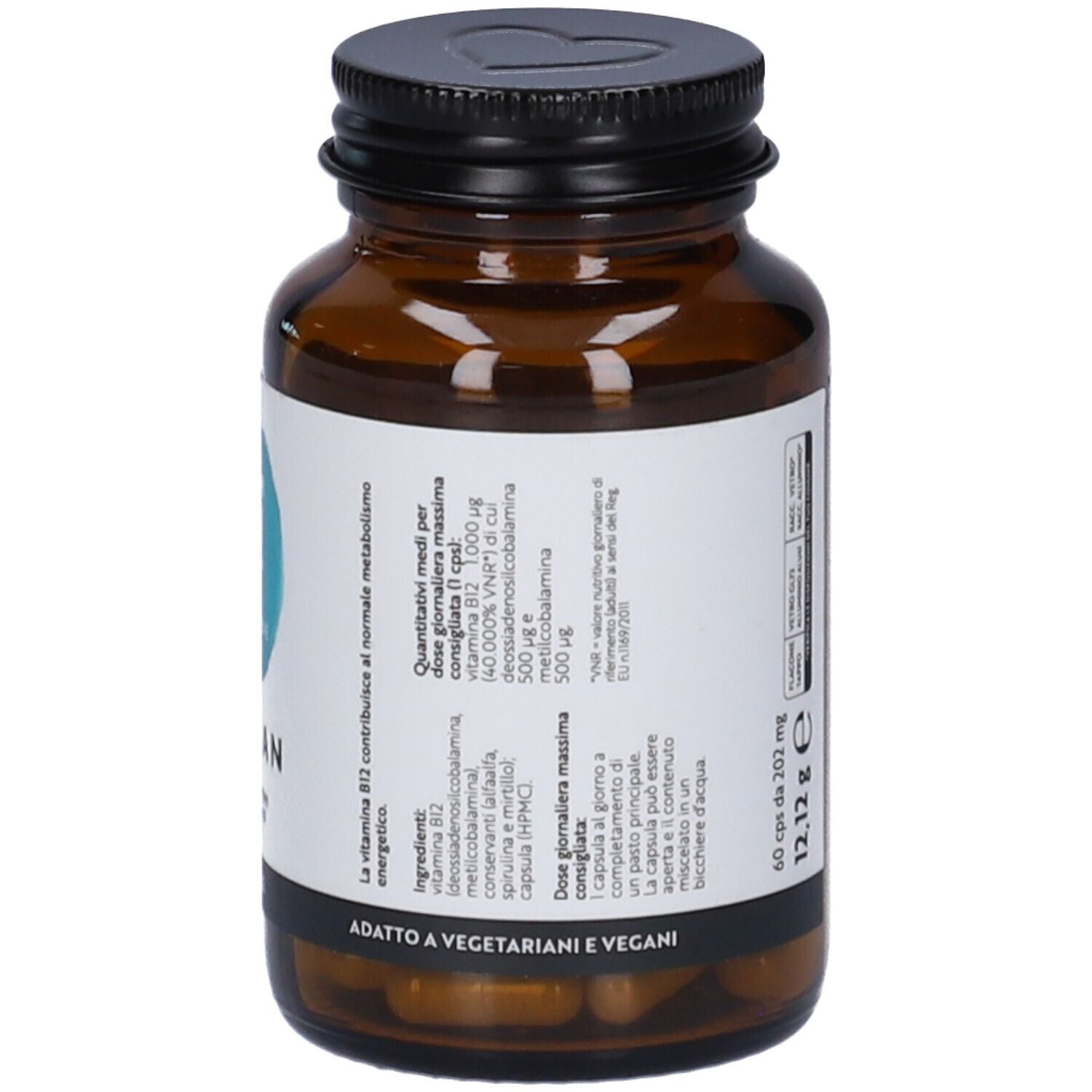 Flacone di vetro marrone con capsule di vitamina B12. Retro dell'etichetta con ingredienti e testo. Adatto a vegetariani e vegani.
