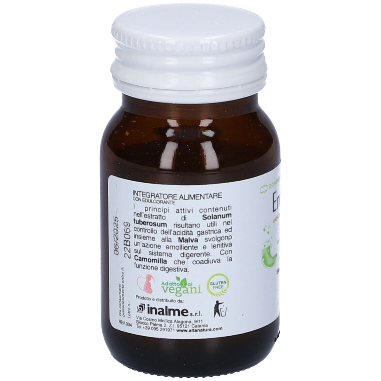 Flacone in vetro marrone con tappo bianco. Retro con testo. Scritta: EndAcyd. Loghi: Apotheke Vegani, Senza glutine.