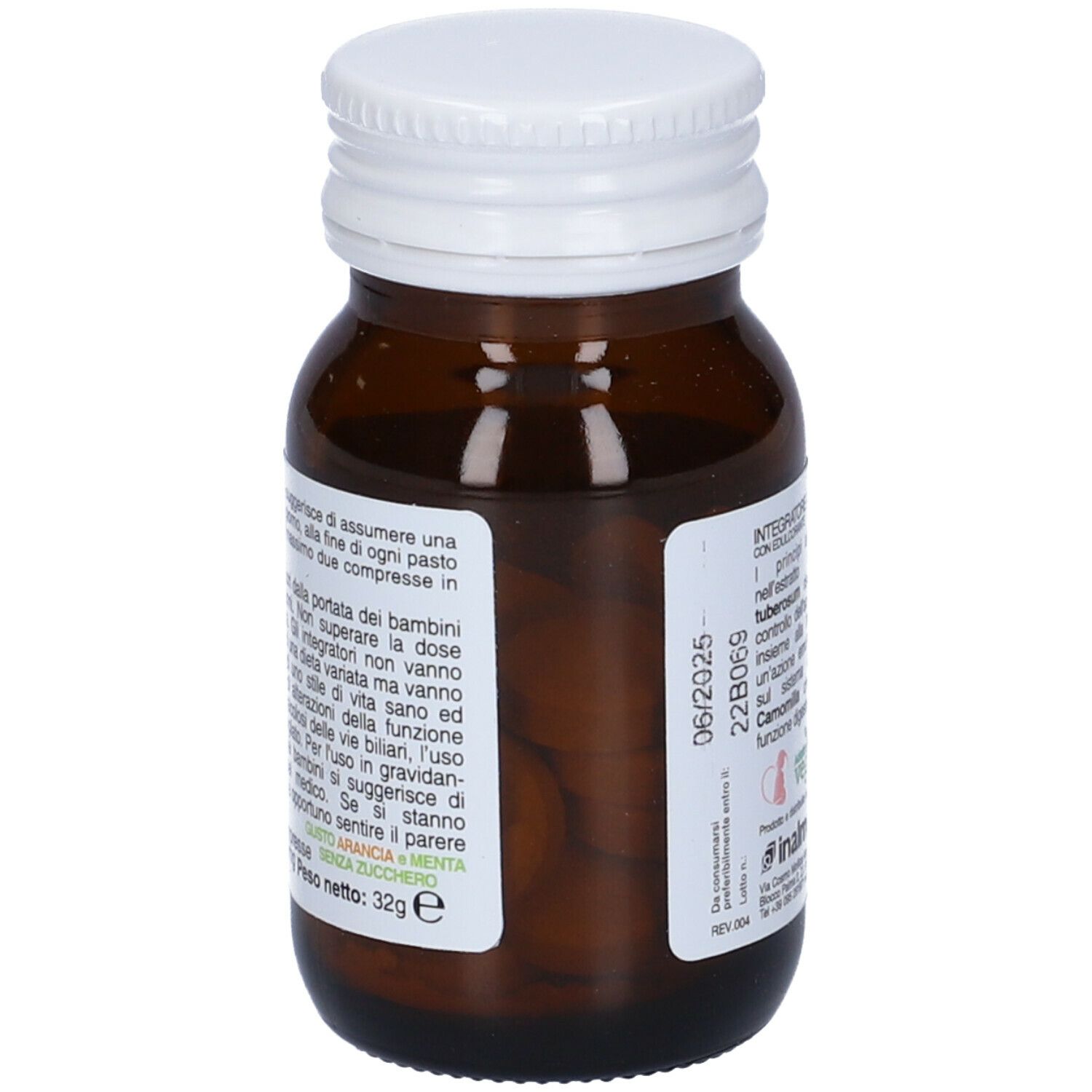 Flacone in vetro marrone con tappo bianco. Retro con testo. Scritta: EndAcyd. Peso: 32g.