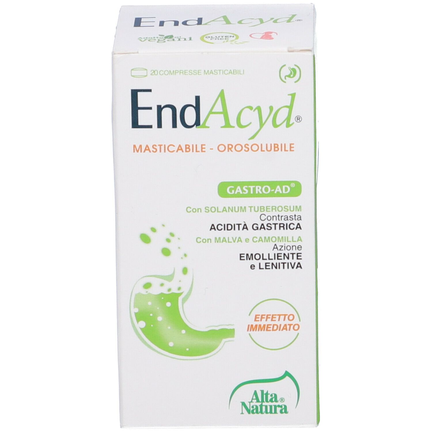 Scatola con scritta: EndAcyd, Gastro-Ad, Alta Natura. Illustrazione di uno stomaco. Logo: Alta Natura.