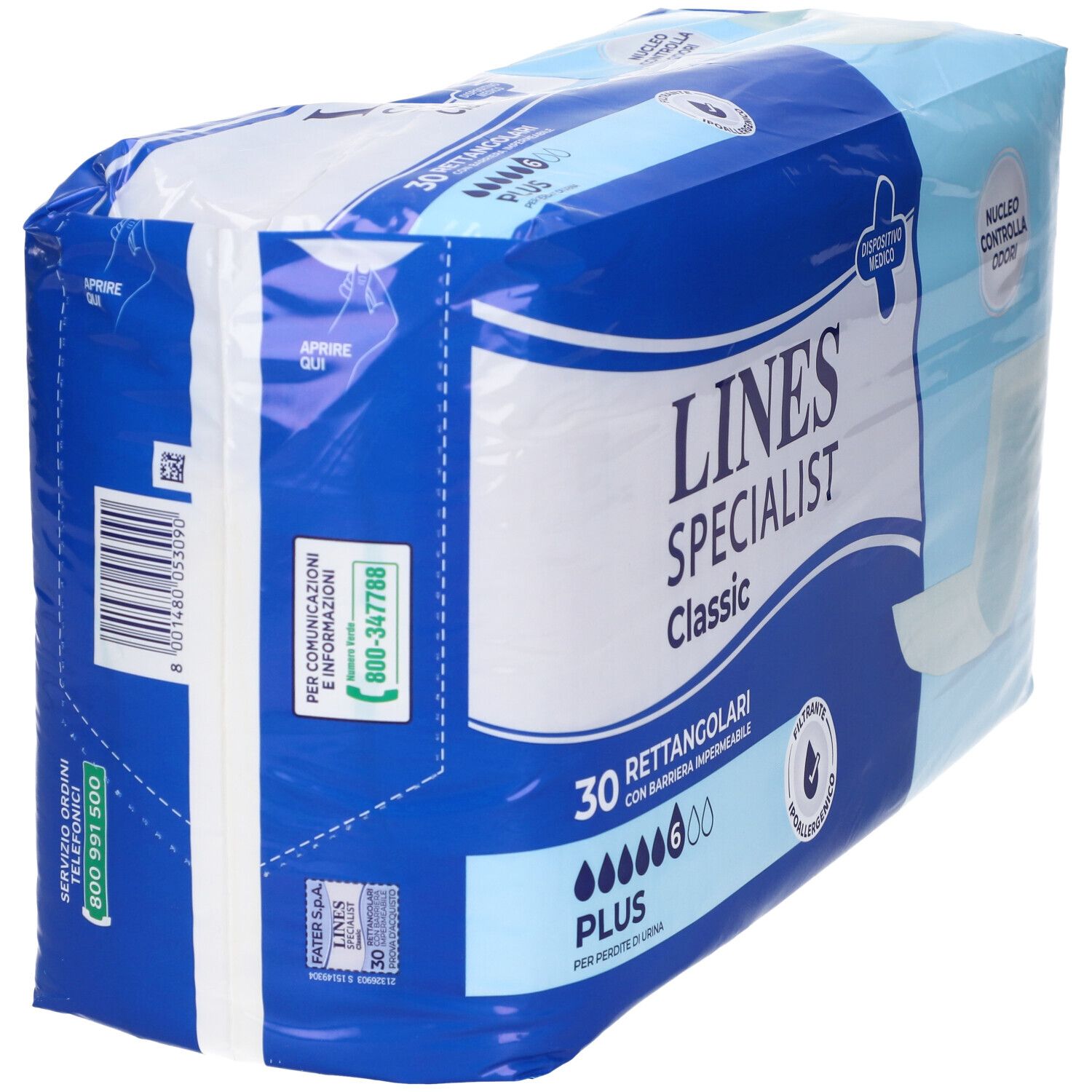 Confezione di Lines Specialist Classic. 30 rettangolari. Dispositivo medico. Imballaggio blu e bianco.