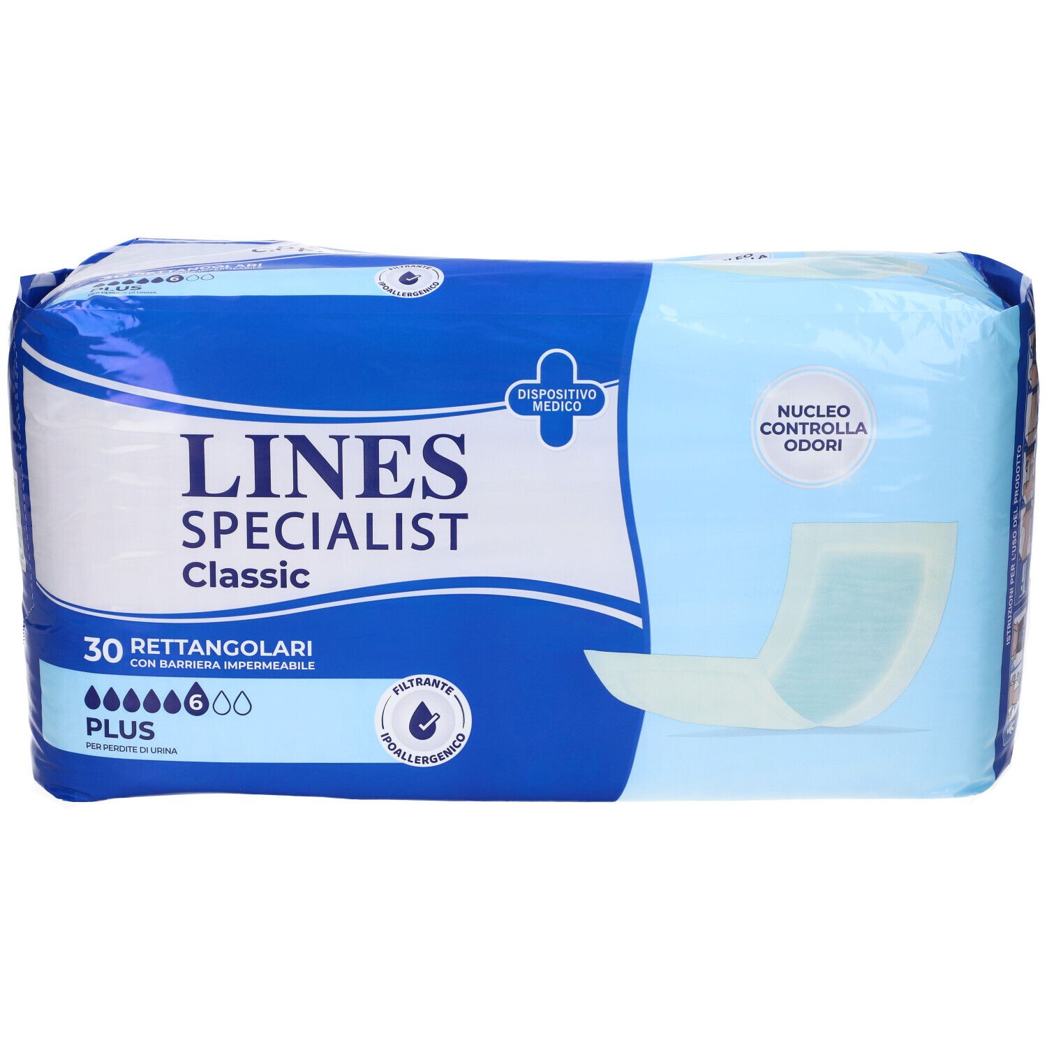 Confezione di Lines Specialist Classic. 30 rettangolari. Dispositivo medico. Imballaggio blu e bianco.