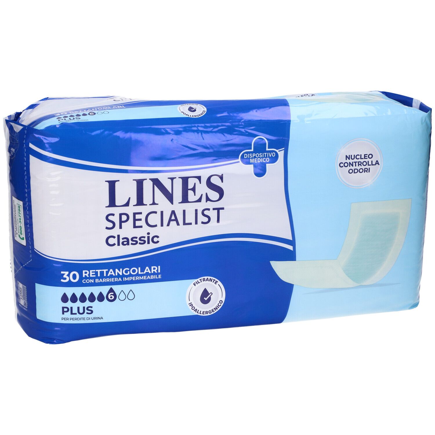 Confezione di Lines Specialist Classic. 30 rettangolari. Dispositivo medico. Imballaggio blu e bianco.