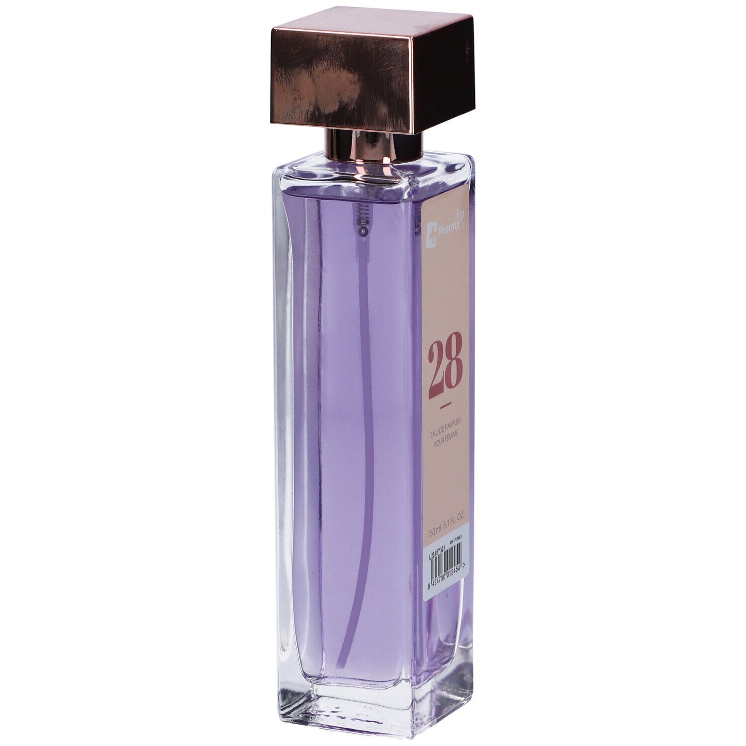 Flacone rettangolare con liquido viola, tappo color rame ed etichetta "28".