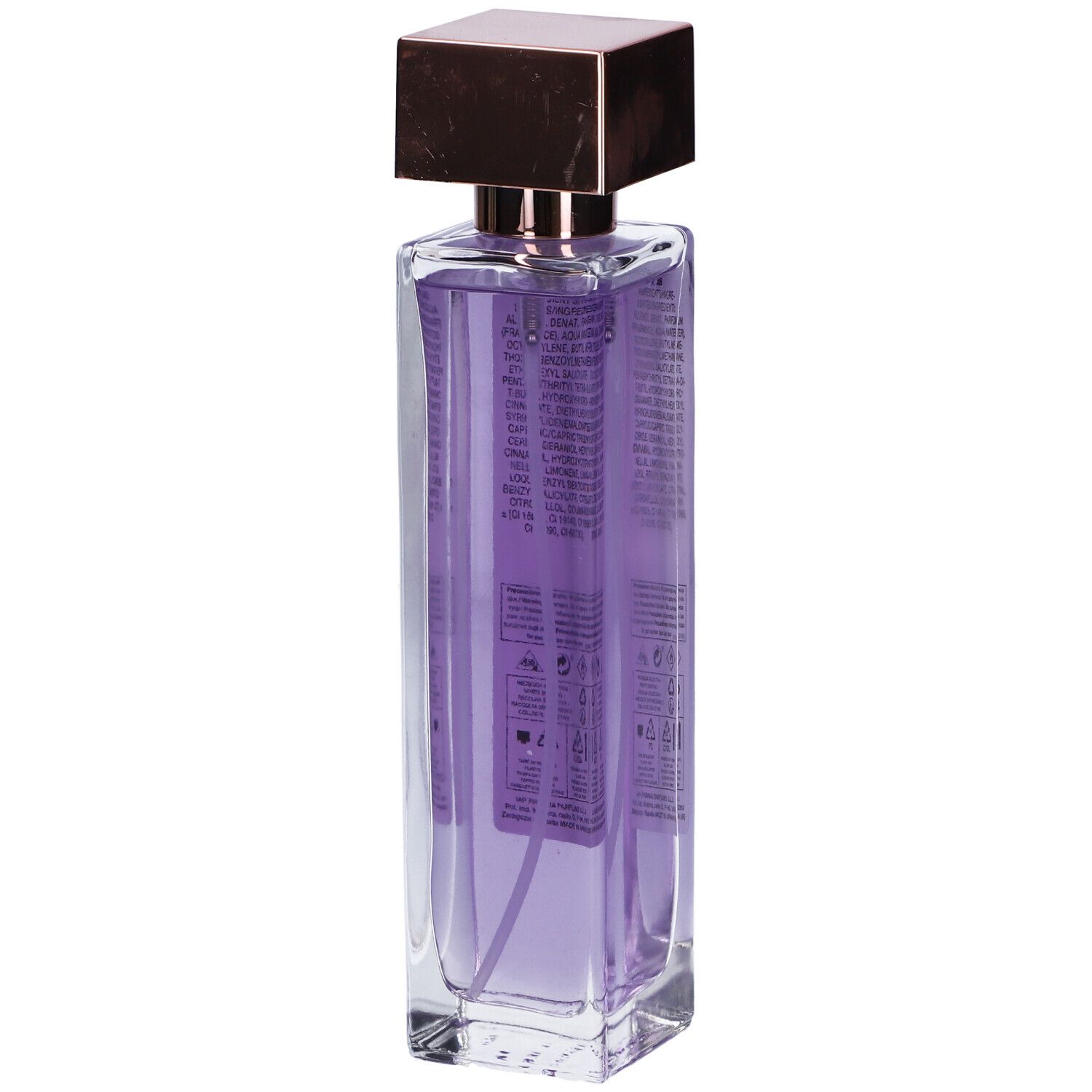 Flacone rettangolare con liquido viola, tappo color rame ed etichetta con informazioni.