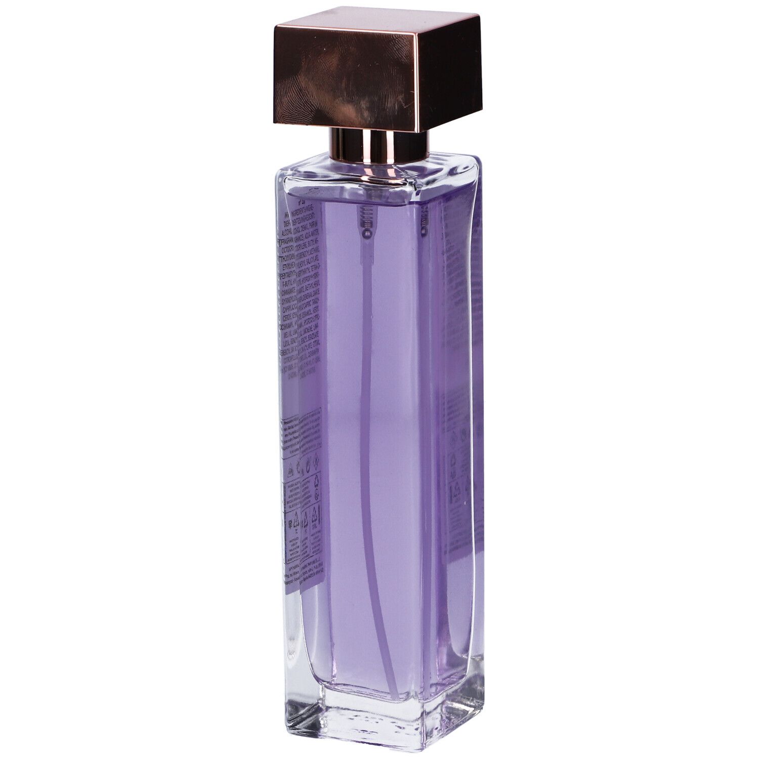 Flacone rettangolare con liquido viola, tappo color rame ed etichetta con informazioni.