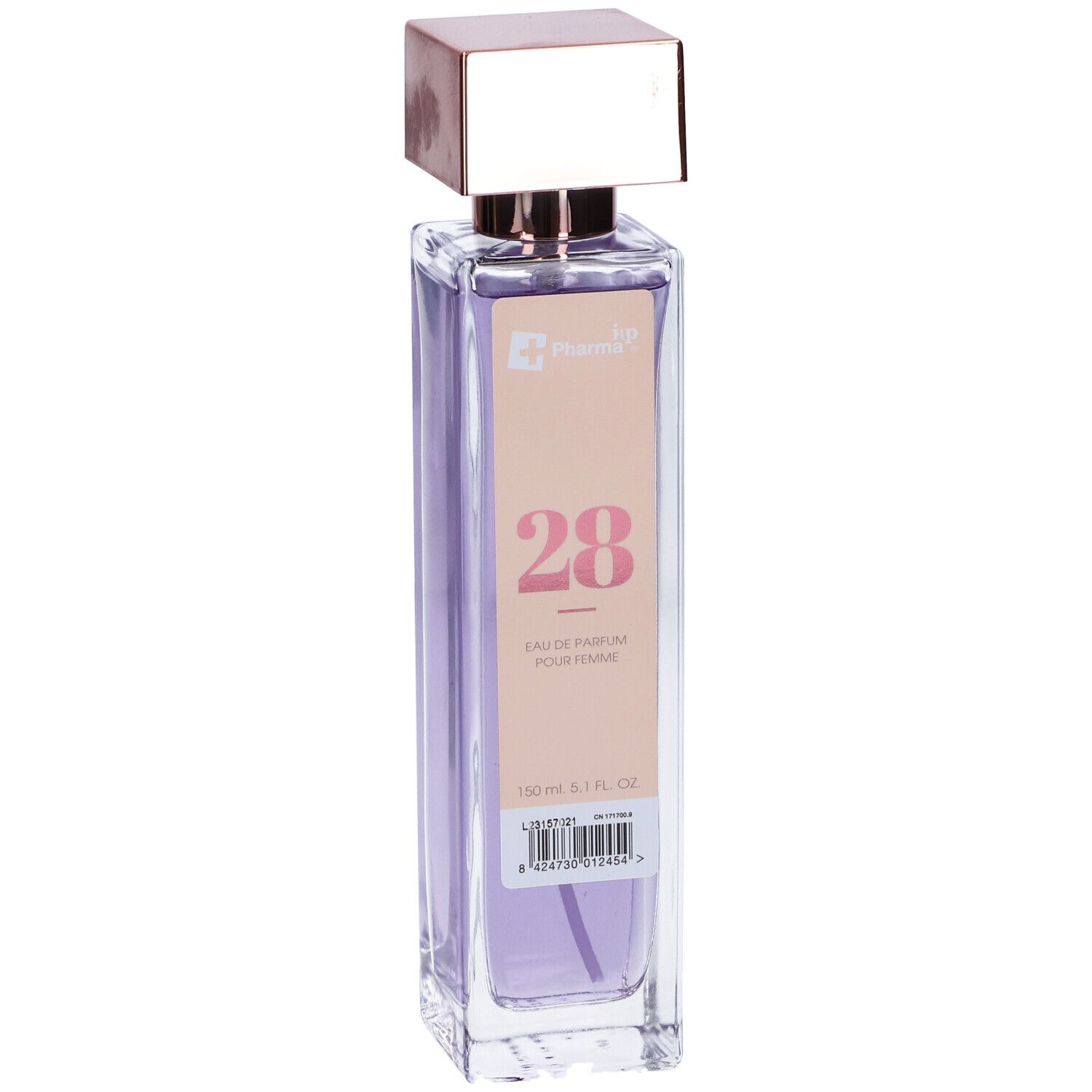 Flacone con liquido viola, tappo color rame ed etichetta "28" e informazioni prodotto.