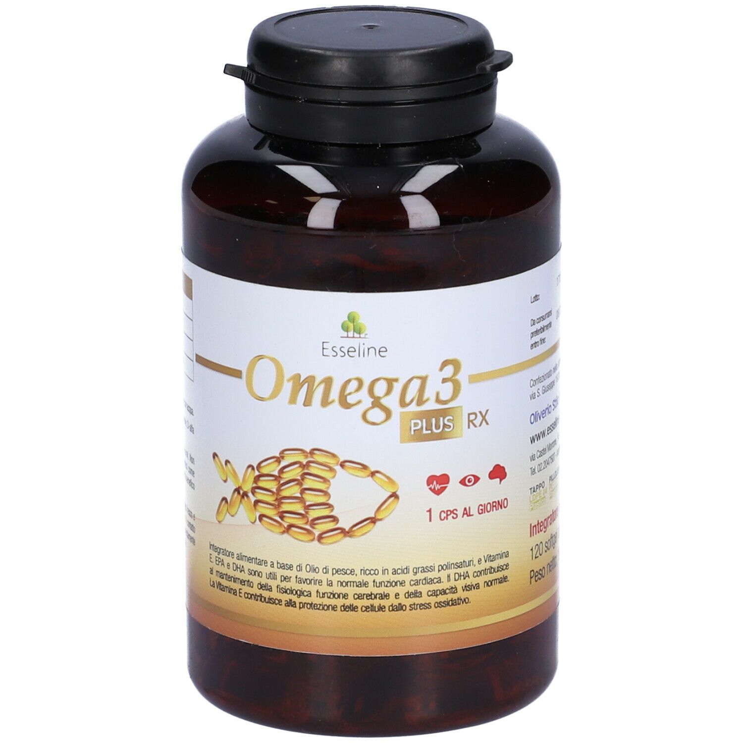 Flacone marrone Omega 3 Plus Rx Esseline. Retro con informazioni nutrizionali. Tappo nero. Testo multilingue.