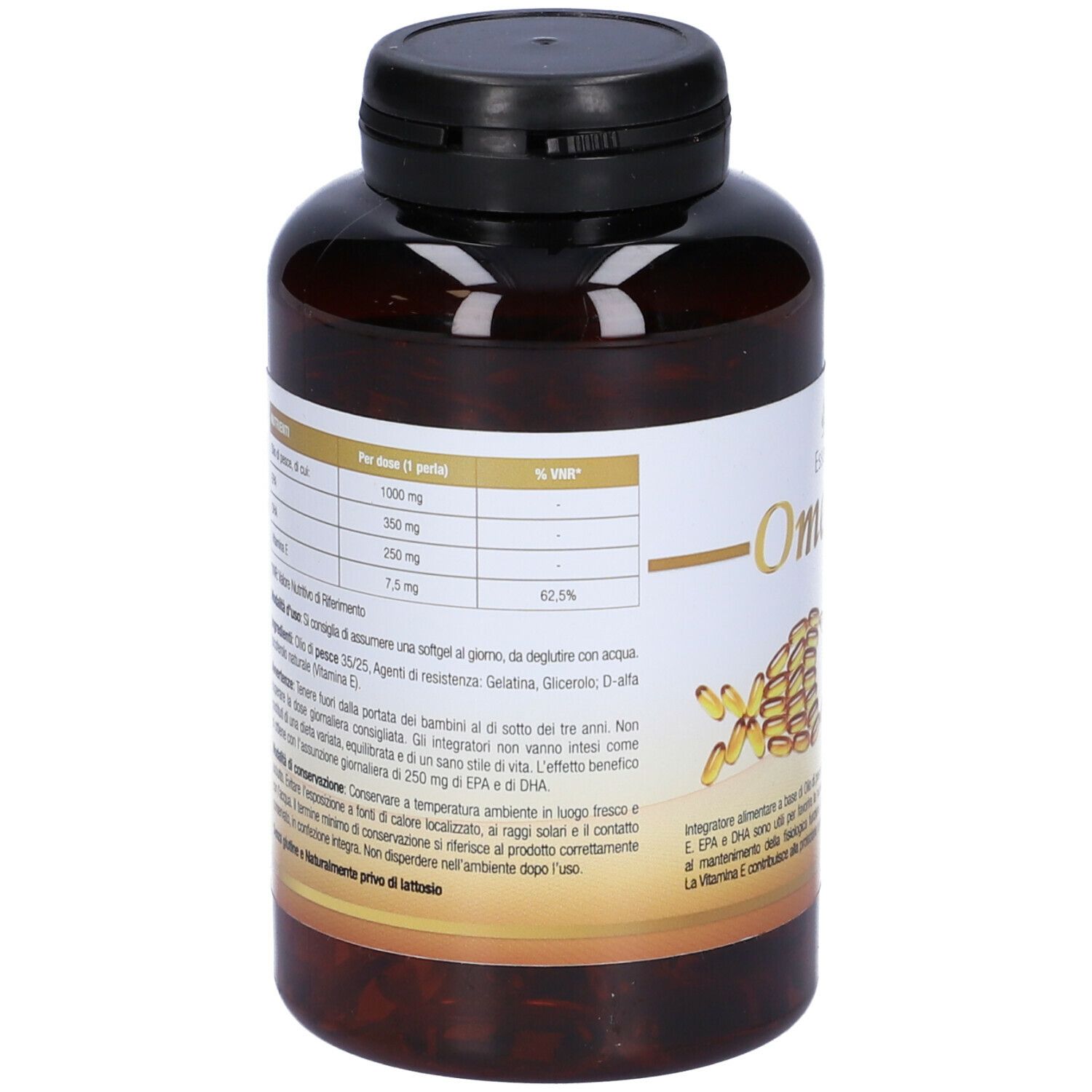 Flacone marrone Omega 3 Plus Rx Esseline. Retro con informazioni nutrizionali. Tappo nero. Testo multilingue.