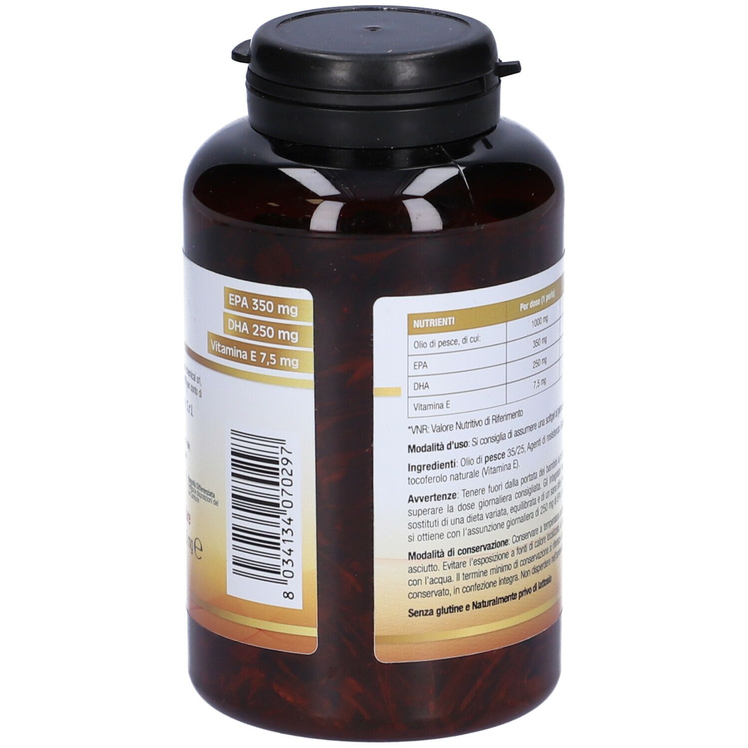 Flacone marrone Omega 3 Plus Rx Esseline. Retro con informazioni nutrizionali. Tappo nero. Testo multilingue.