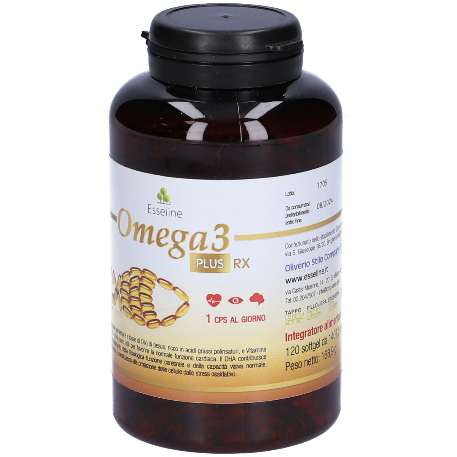 Flacone marrone Omega 3 Plus Rx Esseline. Etichetta dorata con nome prodotto e grafica pesce. Tappo nero.