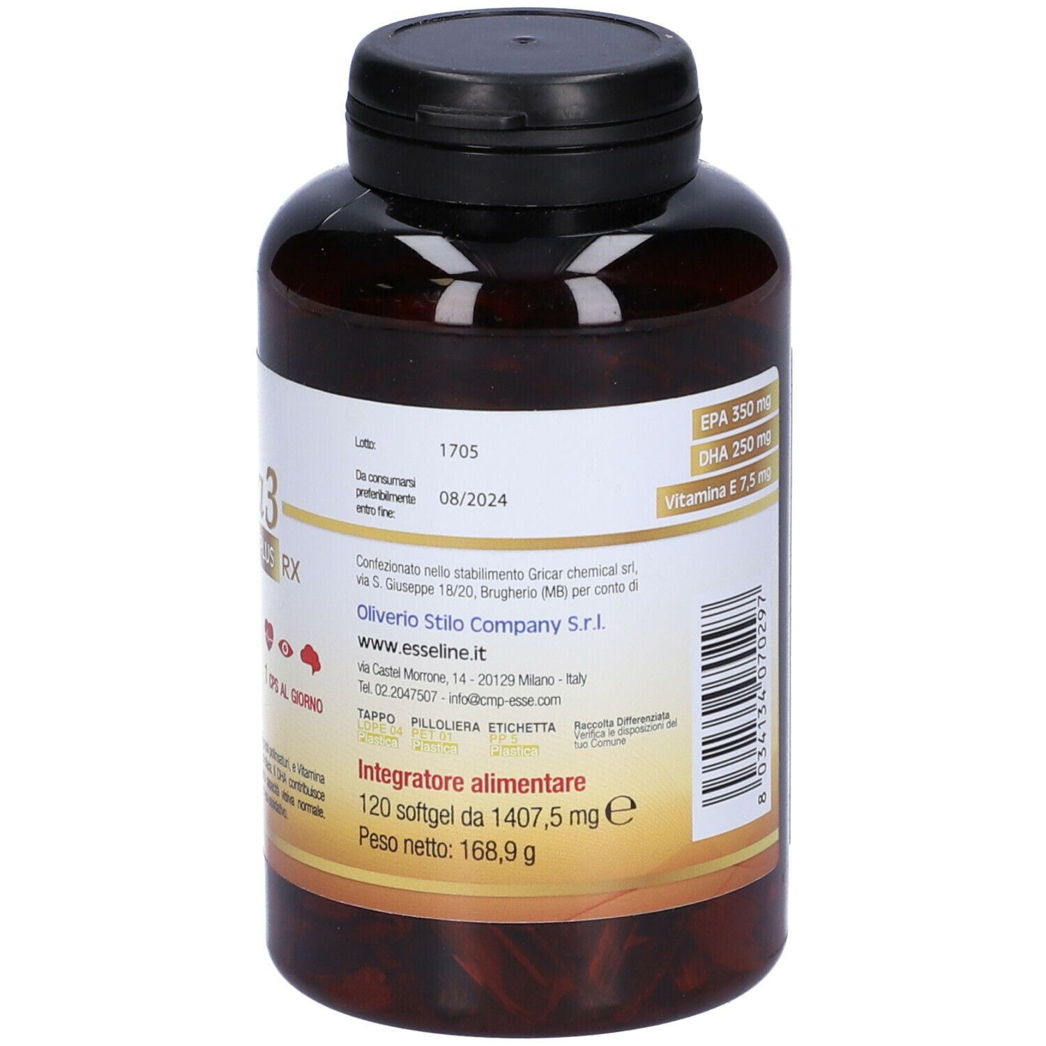 Flacone marrone Omega 3 Plus Rx Esseline. Informazioni prodotto sul retro. Tappo nero. 120 capsule.