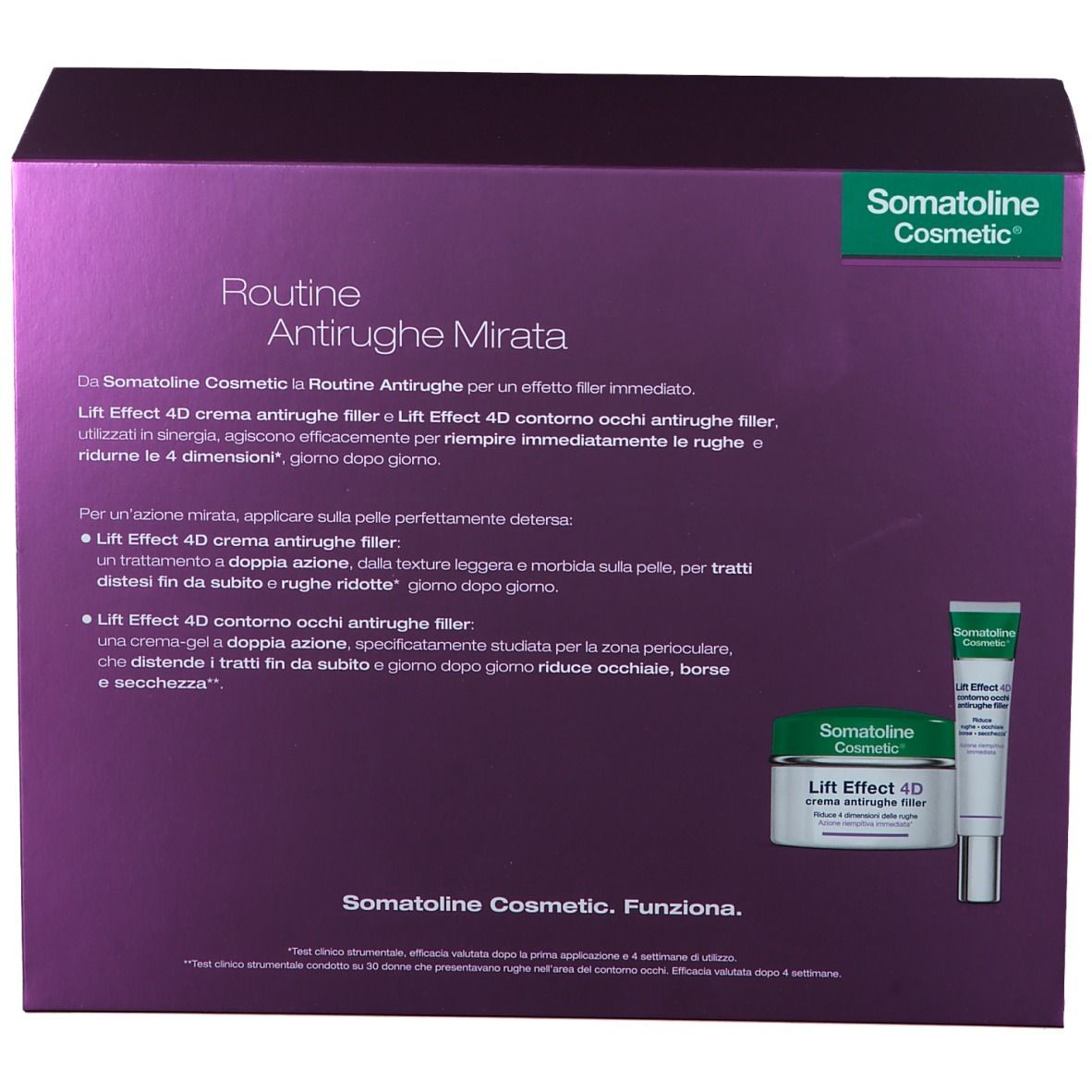 Retro del set Somatoline Cosmetic® Life-Effekt. Testo e immagini dei prodotti Lift Effect 4D Filler: crema e contorno occhi.