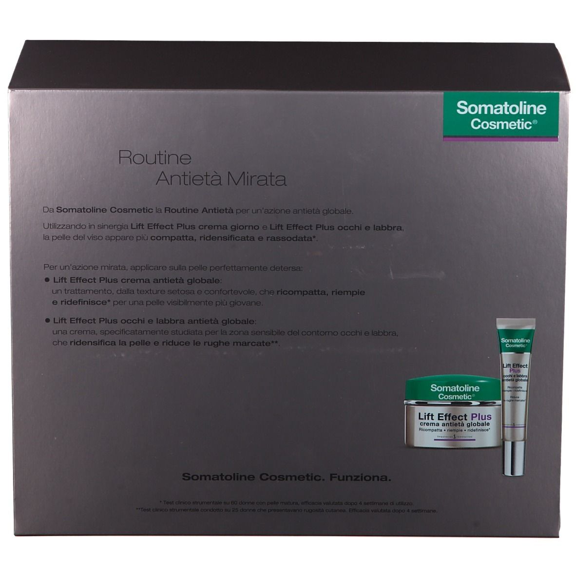 Retro della confezione regalo. Testo e illustrazioni dei prodotti. Logo e nomi dei prodotti visibili.