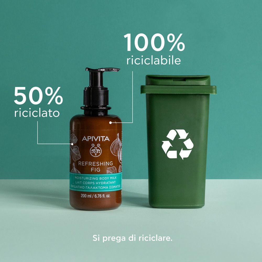 Flacone e bidone. Testo: 50% riciclato, 100% riciclabile. Si prega di riciclare.