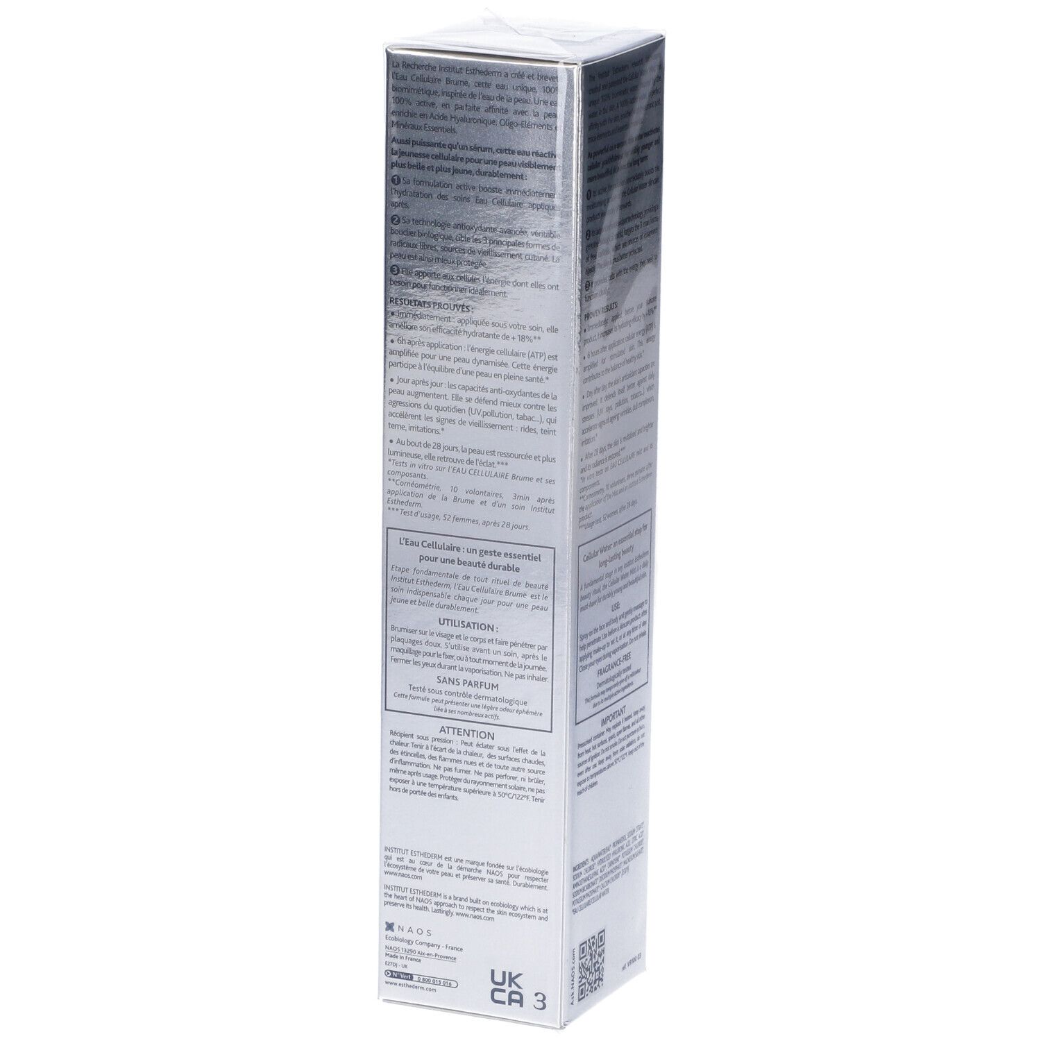 Retro della scatola con informazioni sul prodotto. Testo in più lingue. Confezione argentata.