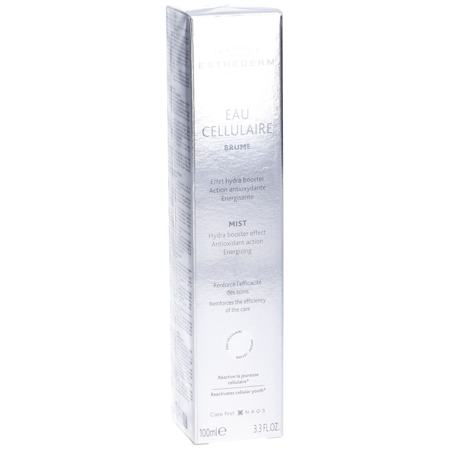 Fronte della scatola con nome del prodotto e del marchio. Testo in francese e inglese. Confezione argentata.