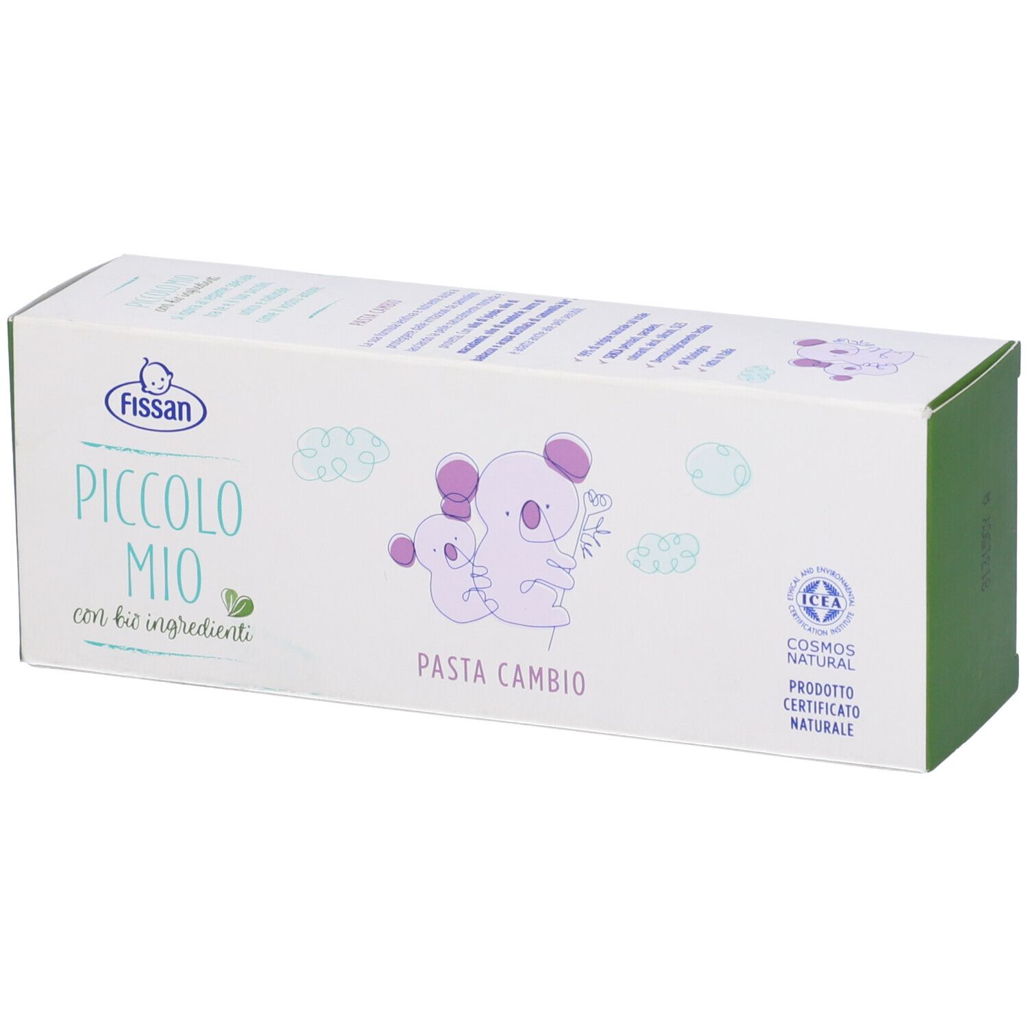 Confezione rettangolare con logo, nome del prodotto e illustrazioni di koala.