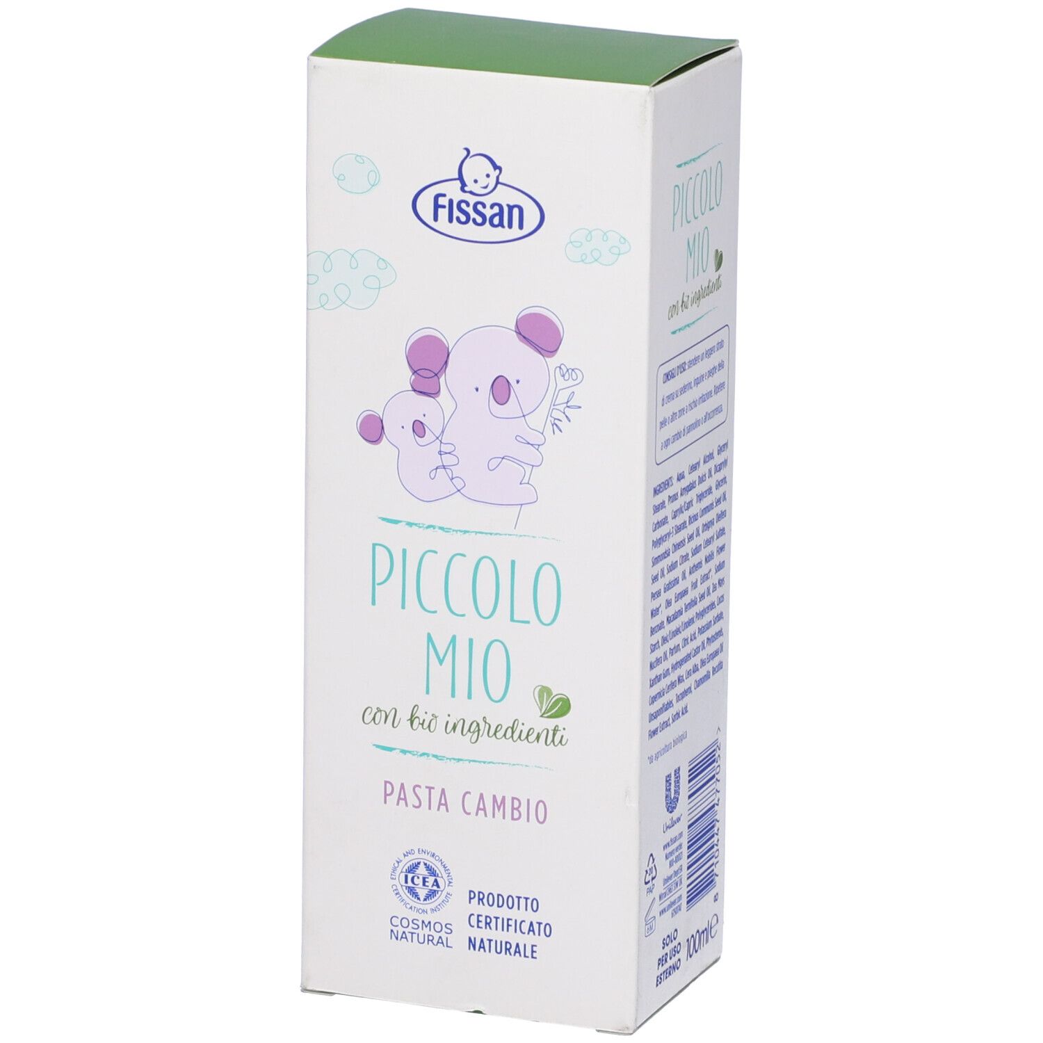 Confezione del prodotto con logo, nome e illustrazioni di koala. Accenti verdi.