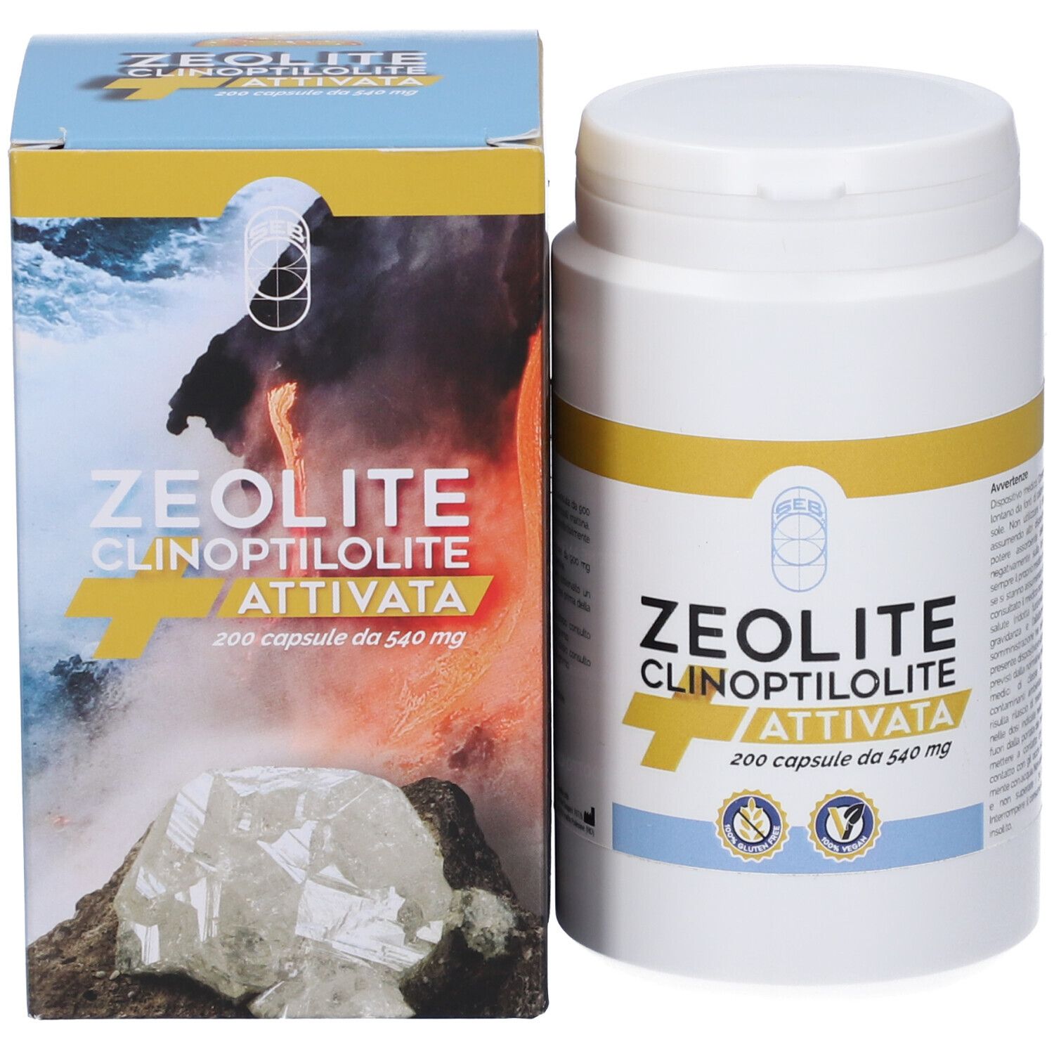 Barattolo e confezione di capsule Zeolite Clinoptilolite Attivata, 200 pezzi.