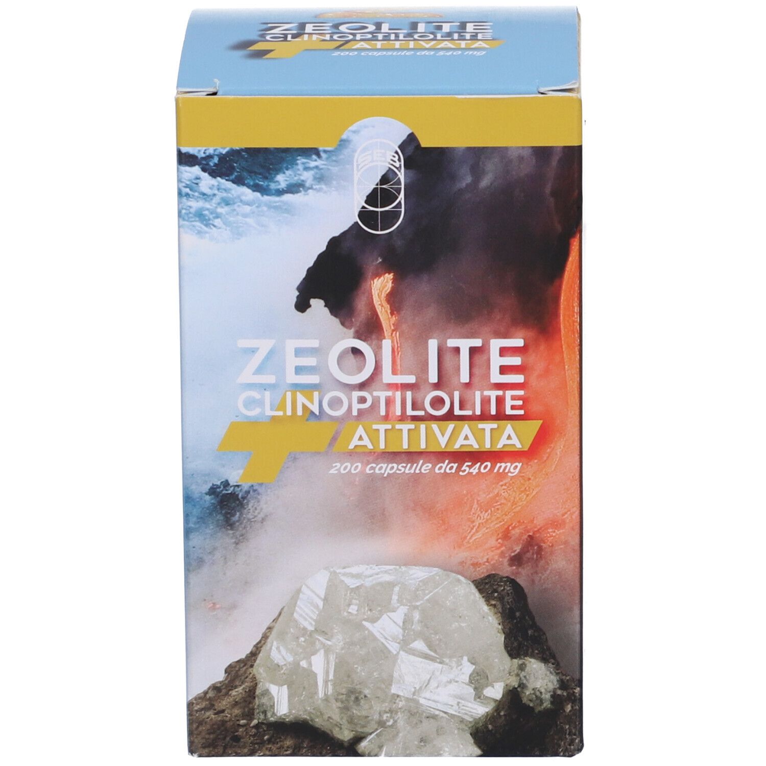Confezione di capsule Zeolite Clinoptilolite Attivata, 200 pezzi, con immagine di lava e cristallo.